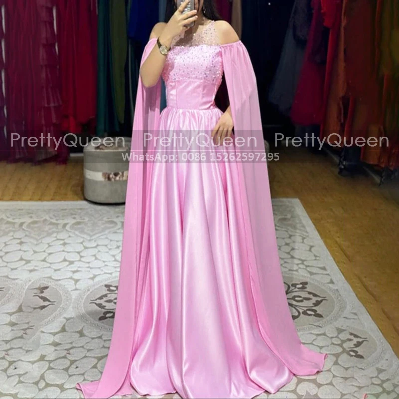 Pink Off Shoulder Prom Dresses A Line Heavily Beaded Sheer Neck Long Customized Cloak Reception Dresses Party For Women
Pink Off Shoulder Prom Dresses A Line Heavily Beaded Sheer Neck Long Customized Cloak Reception Dresses Party For Women