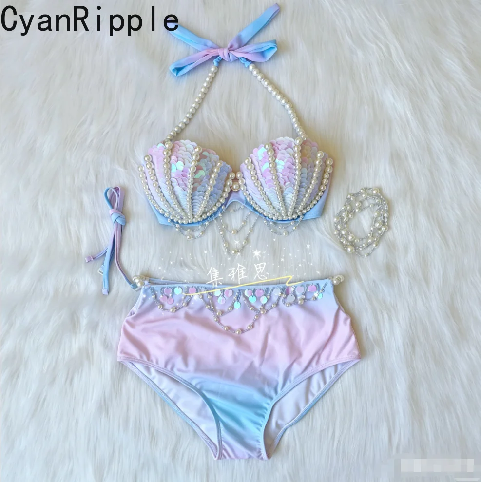 Original Handmade Mermaid Swimsuit Women Bikini Sets Gradient Color Pearl Beading Tassel Shell Free Diving Steel Breast Pad Bra
Original Handmade Mermaid Swimsuit Women Bikini Sets Gradient Color Pearl Beading Tassel Shell Free Diving Steel Breast Pad Bra