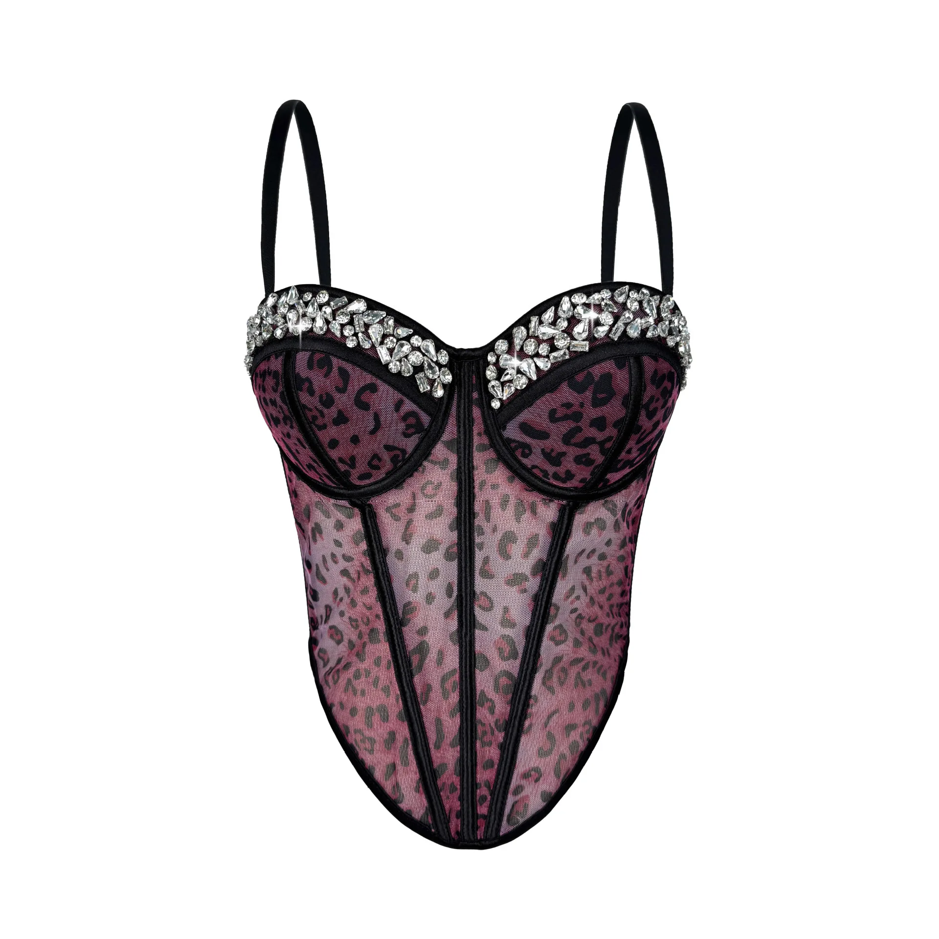 Sexy Leopard Print Rhinestone Bustier Corset Top with Mesh, Underwire Boned Camisole Vest for Women, Waist Cincher Corset Shirt
Sexy Leopard Print Rhinestone Bustier Corset Top with Mesh, Underwire Boned Camisole Vest for Women, Waist Cincher Corset Shirt