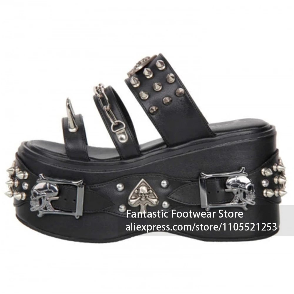 Gothic Punk Platform Wedge Slides Skull Spider Rivet Spike Open Toe Metal Buckle Zipper Black Chunky Sole Alt Fashion for Women
Gothic Punk Platform Wedge Slides Skull Spider Rivet Spike Open Toe Metal Buckle Zipper Black Chunky Sole Alt Fashion for Women