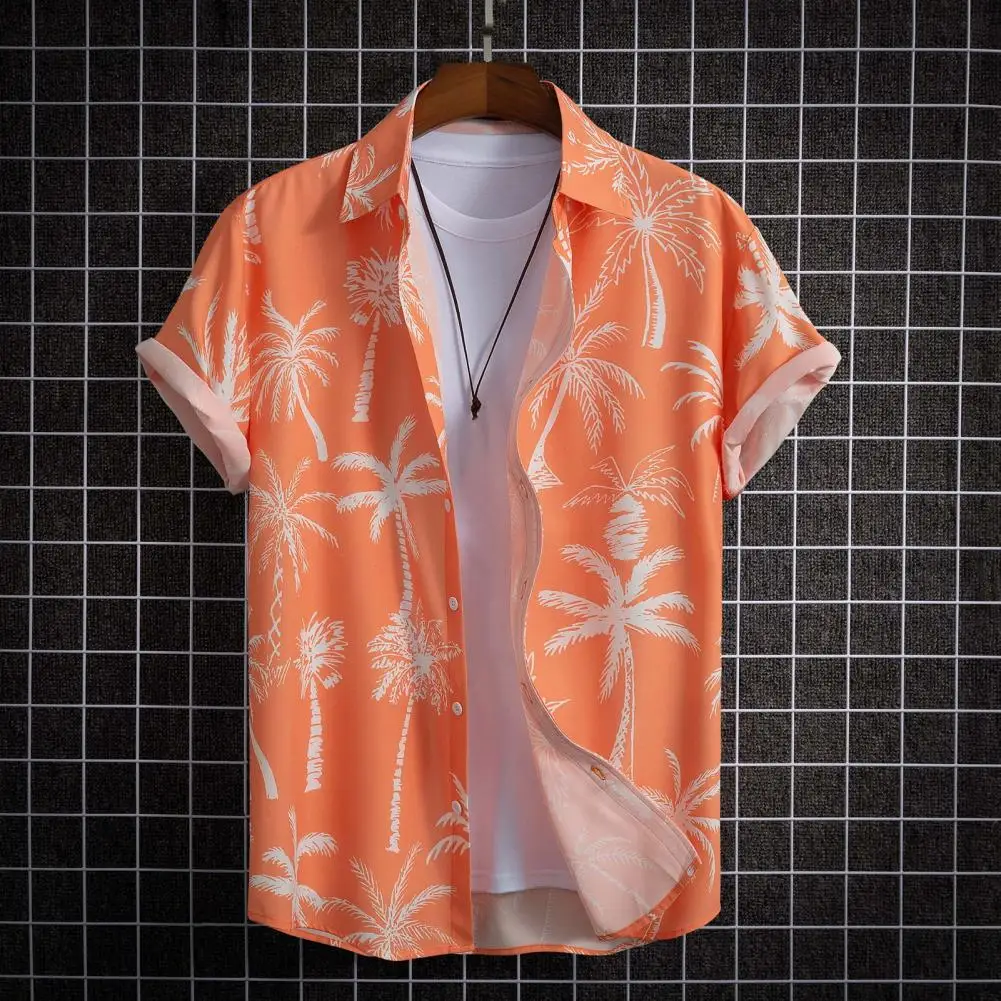 

Men Beach Shirt Tropical Vacation Style Men's Shirt with Coconut Tree Print Single-breasted Lapel Cardigan Mid Length for Summer