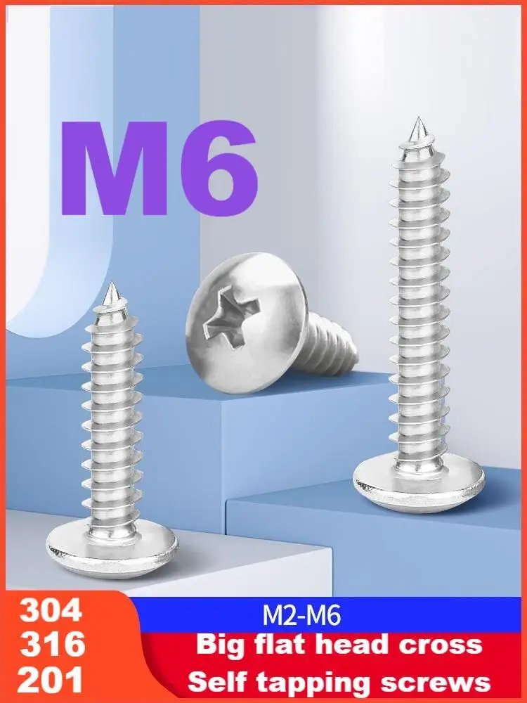 M6 304/316/201 stainless steel Big flat head cross Self tapping screws Length 12/16/20/25/30/35/40/45/50/55/60/65/70/75/80/90mm
M6 304/316/201 stainless steel Big flat head cross Self tapping screws Length 12/16/20/25/30/35/40/45/50/55/60/65/70/75/80/90mm