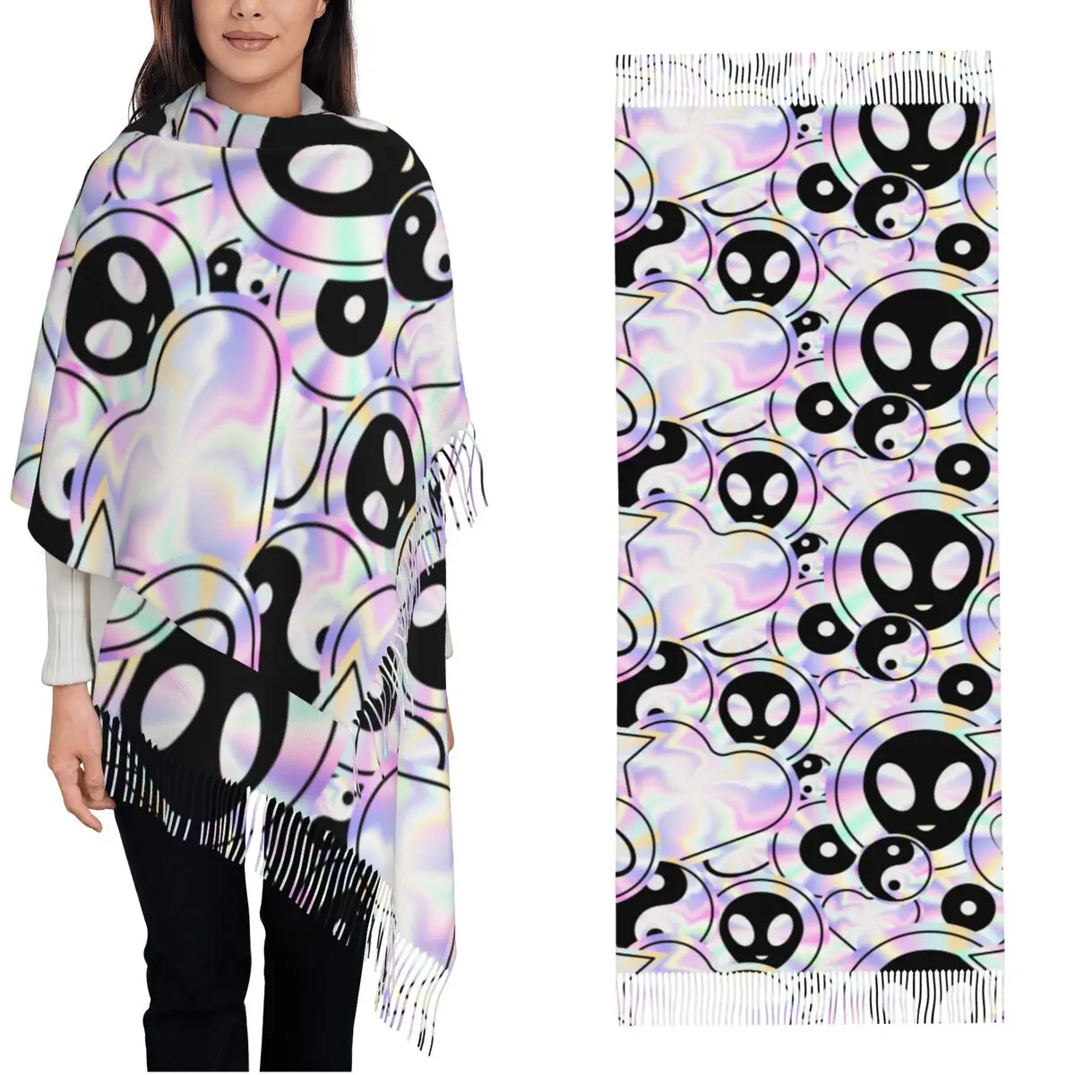 Женский шарф с кисточками в психоделическом стиле, длинная супермягкая шаль в стиле инопланетянина и шарф, голографические шарфы из пашмины для повседневной носки в стиле Триппи
Женский шарф с кисточками в психоделическом стиле, длинная супермягкая шаль в стиле инопланетянина и шарф, голографические шарфы из пашмины для повседневной носки в стиле Триппи