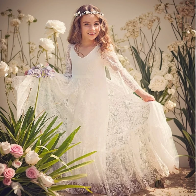 BABYONLINE Flower Girl Dresses Tulle Floral Lace Long Sleeve V-Neck Princess Dress Ivory A-Line Floor-Length Communion Gowns
BABYONLINE Flower Girl Dresses Tulle Floral Lace Long Sleeve V-Neck Princess Dress Ivory A-Line Floor-Length Communion Gowns