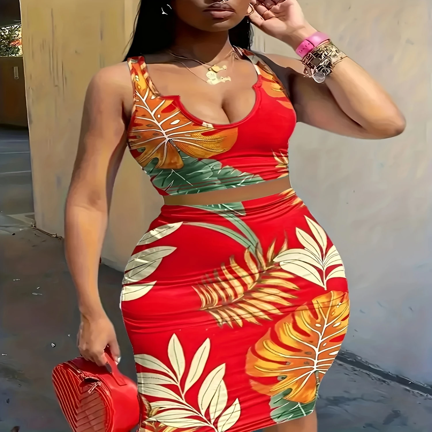 Tropical Print Vacation Two-piece Set, Sleeveless Tank Top & Bag Hip Midi Skirts Outfits, Women's Clothing
Tropical Print Vacation Two-piece Set, Sleeveless Tank Top & Bag Hip Midi Skirts Outfits, Women's Clothing