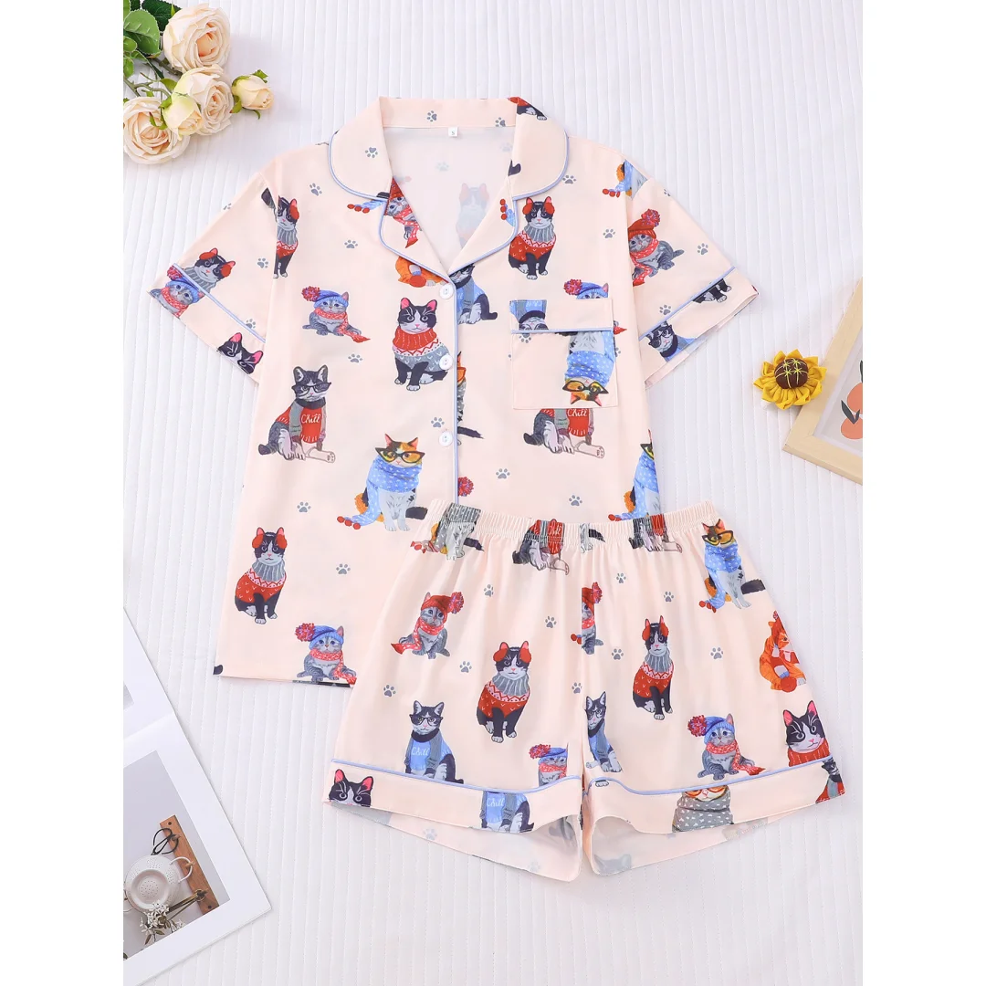 Cute Kitty Print Pajamas for Women Animal Cats Themed Home Wear Set Lapel Short-sleeved Shirts Short Pants Valentine's Day Gifts
Cute Kitty Print Pajamas for Women Animal Cats Themed Home Wear Set Lapel Short-sleeved Shirts Short Pants Valentine's Day Gifts