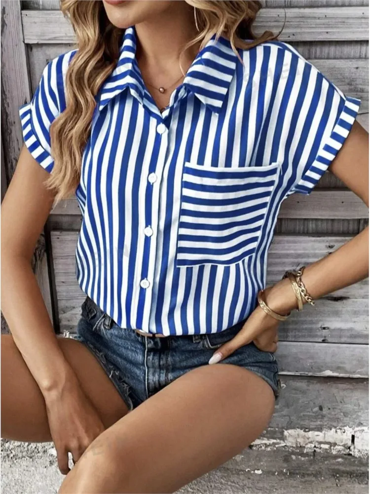 Vintage Stripe Printed Shirt Women Casual Tops Fashion Lapel Short Sleeve Buttons Pocket Office Ladies Shirts 2024 Summer
Vintage Stripe Printed Shirt Women Casual Tops Fashion Lapel Short Sleeve Buttons Pocket Office Ladies Shirts 2024 Summer