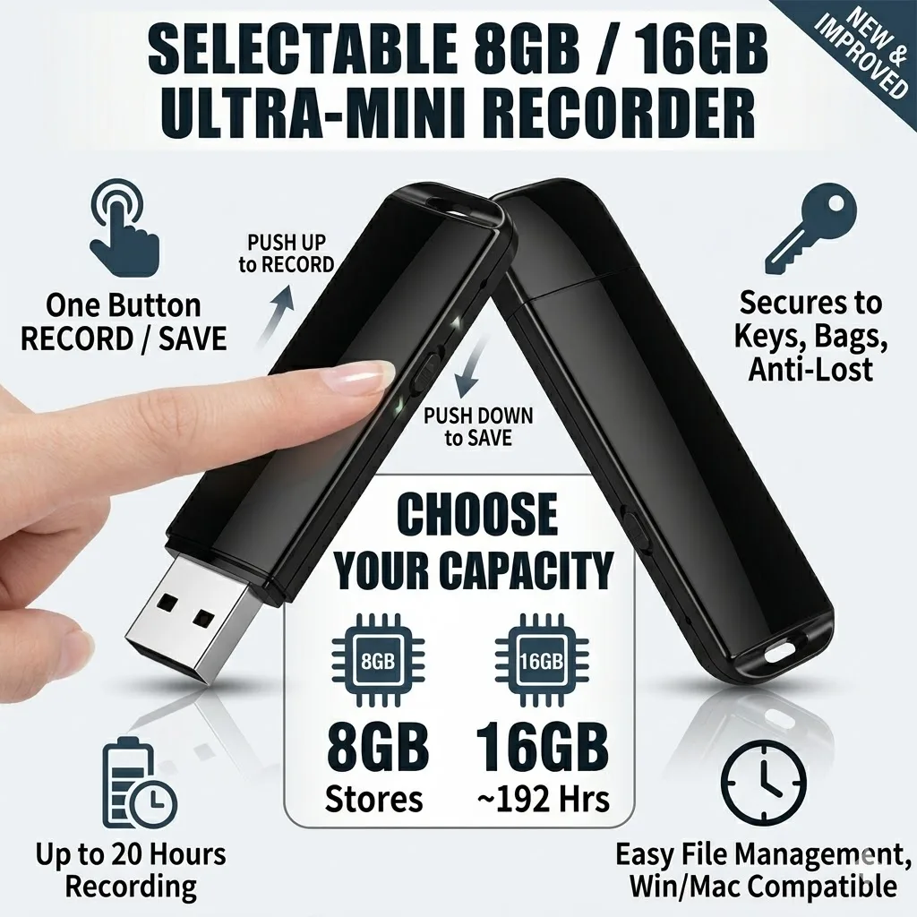 Цифровой диктофон Mini USB 8/16 ГБ, запись до 192 часов, 20 часов работы от батареи, HD-запись одной кнопкой с отметкой времени, дизайн-брелок для Mac/Win
Цифровой диктофон Mini USB 8/16 ГБ, запись до 192 часов, 20 часов работы от батареи, HD-запись одной кнопкой с отметкой времени, дизайн-брелок для Mac/Win