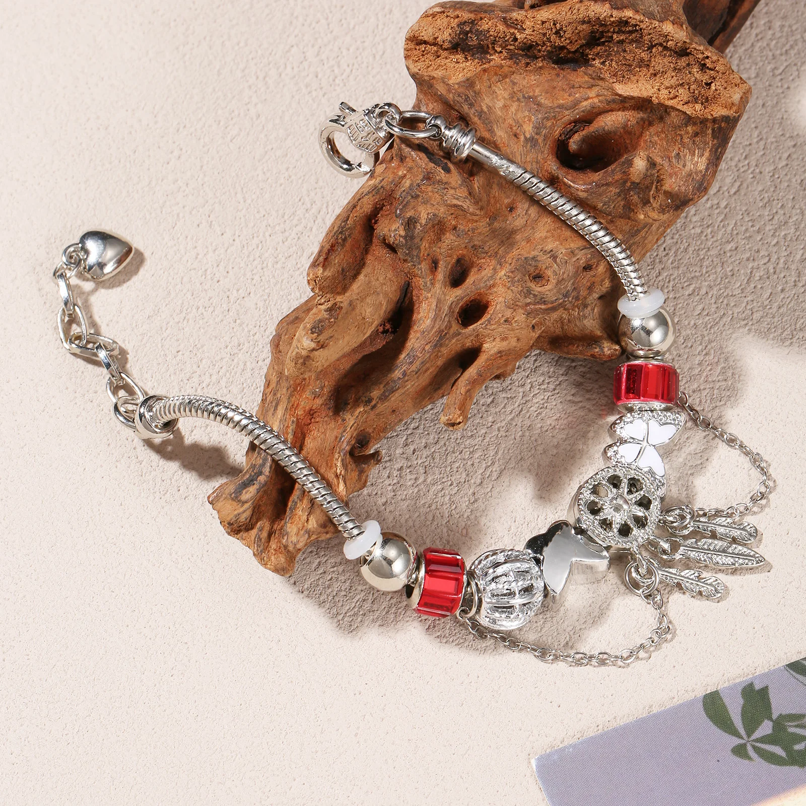 Silvery Stainless Steel Red Crystal Charm Bracelet with Butterfly and Clover Pendants for Women
Silvery Stainless Steel Red Crystal Charm Bracelet with Butterfly and Clover Pendants for Women