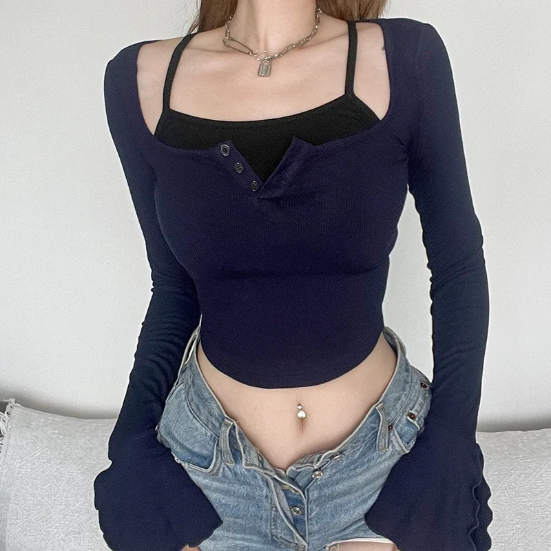 Two Pieces Crop Tops Women Full Sleeve Halter T Shirt Women Harajuku Split Flare Sleeve Drawstring Top Y2K Chic Streetwear
Two Pieces Crop Tops Women Full Sleeve Halter T Shirt Women Harajuku Split Flare Sleeve Drawstring Top Y2K Chic Streetwear