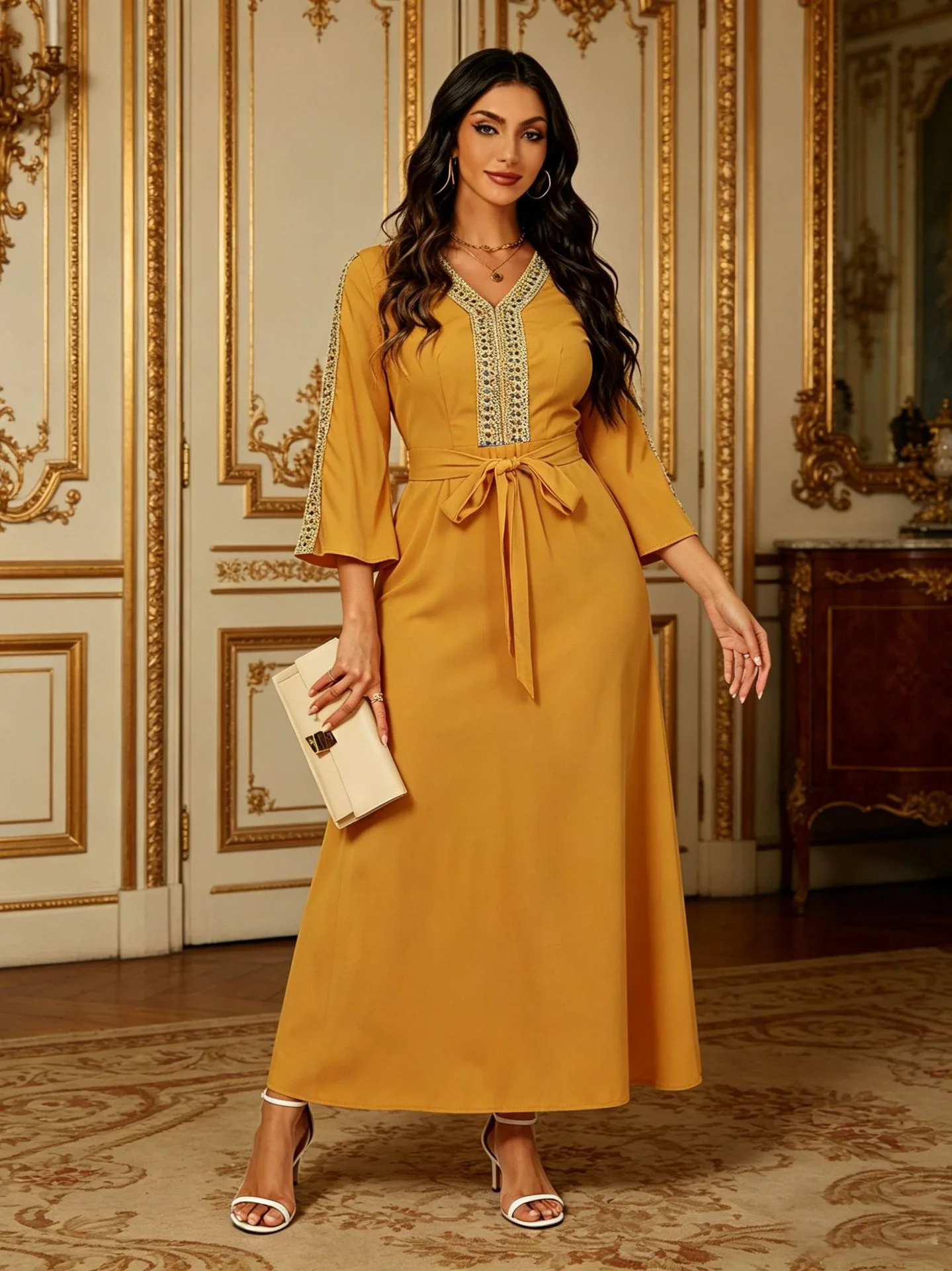 Ramadan Arab dress with gold thread luxurious lace decoration, mid sleeved long skirt, Muslim women's waist belt style
Ramadan Arab dress with gold thread luxurious lace decoration, mid sleeved long skirt, Muslim women's waist belt style