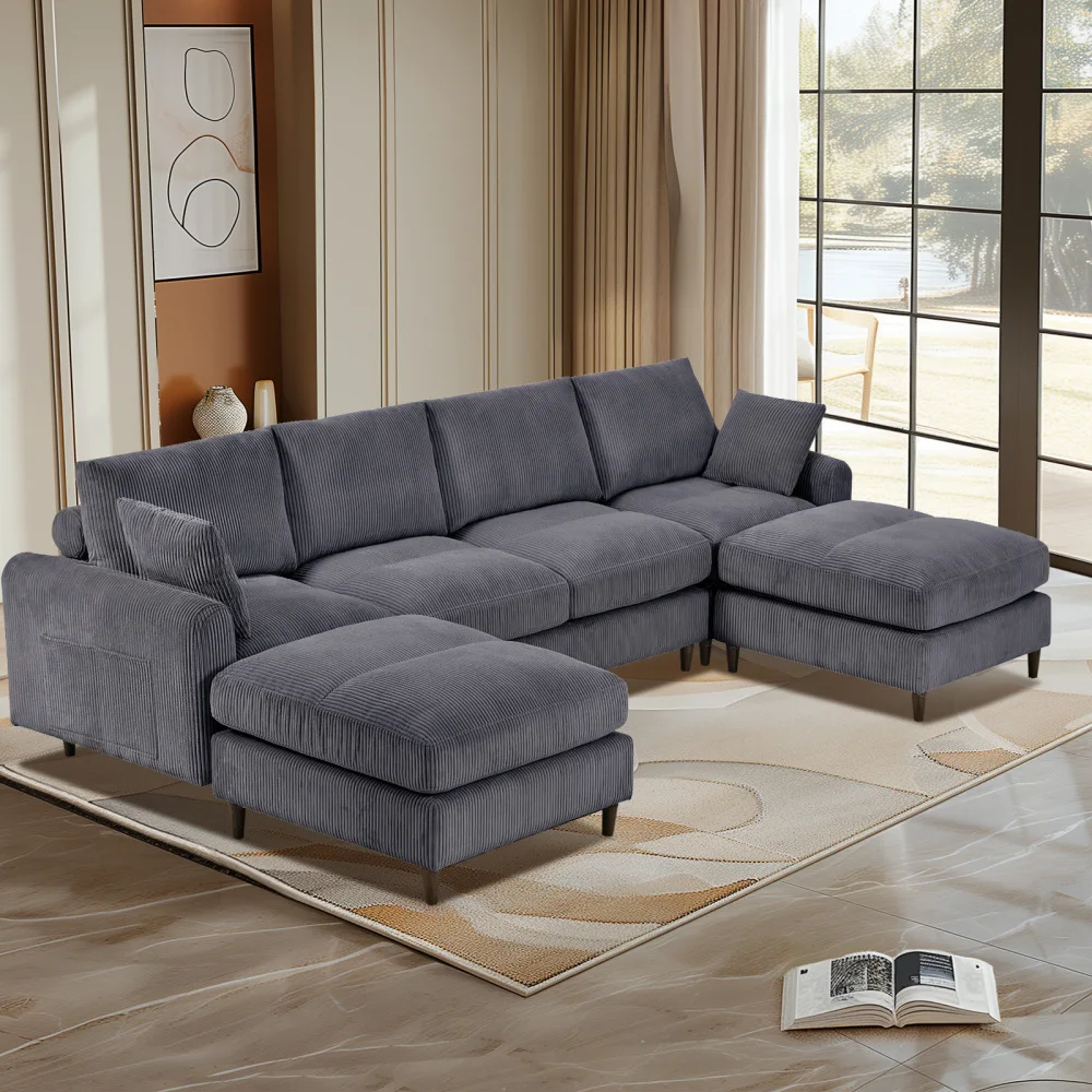 Modern corduroy modular section sofa, U-shaped convertible L-shaped sofa set with pillow, oversized sectional sofa with footstoo
Modern corduroy modular section sofa, U-shaped convertible L-shaped sofa set with pillow, oversized sectional sofa with footstoo