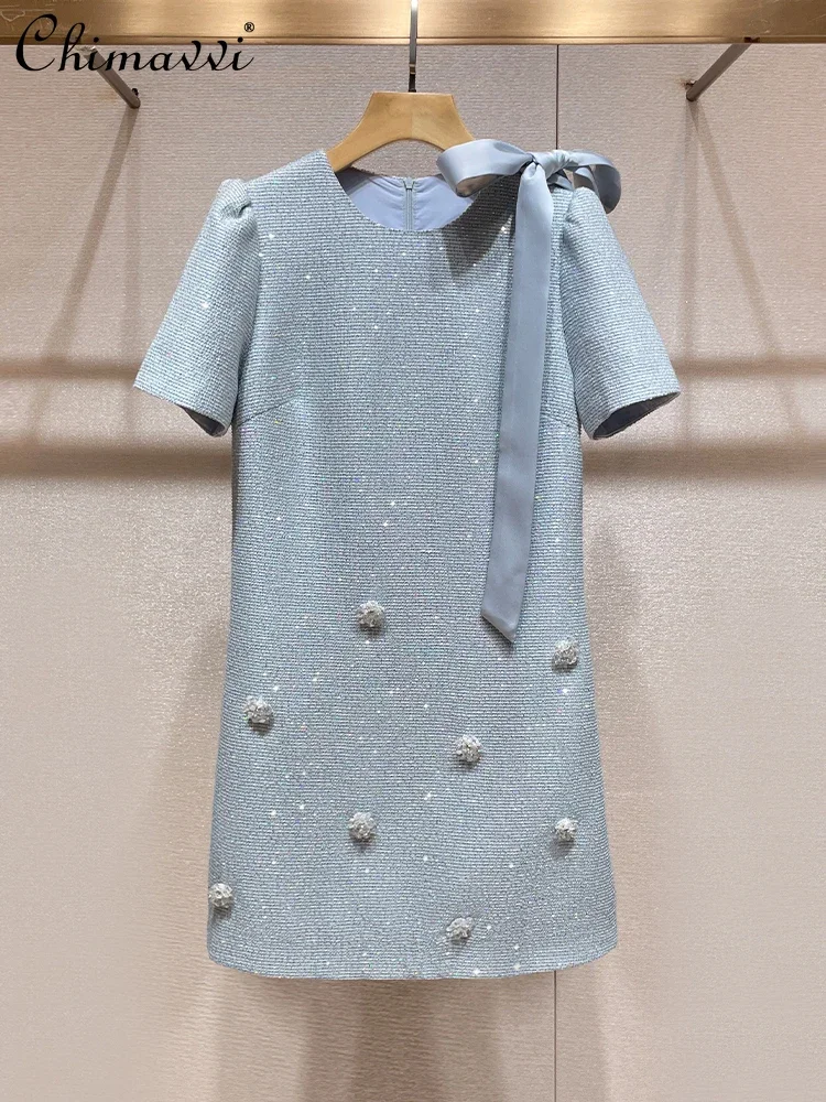 French Style Temperament Socialite Sequins 3D Flower Round Neck Short Sleeve Lace-up Bow Straight Elegant Blue Short Dress Women
French Style Temperament Socialite Sequins 3D Flower Round Neck Short Sleeve Lace-up Bow Straight Elegant Blue Short Dress Women