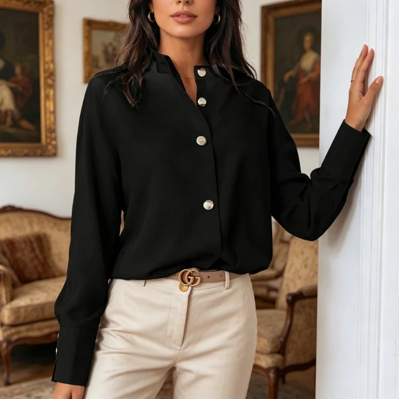 2026 Long Sleeve Stand Collar Office Lady Basic Tops Vintage Button Up Women Blouse Casual Woman Shirt Fashion Loose Shirts
2026 Long Sleeve Stand Collar Office Lady Basic Tops Vintage Button Up Women Blouse Casual Woman Shirt Fashion Loose Shirts