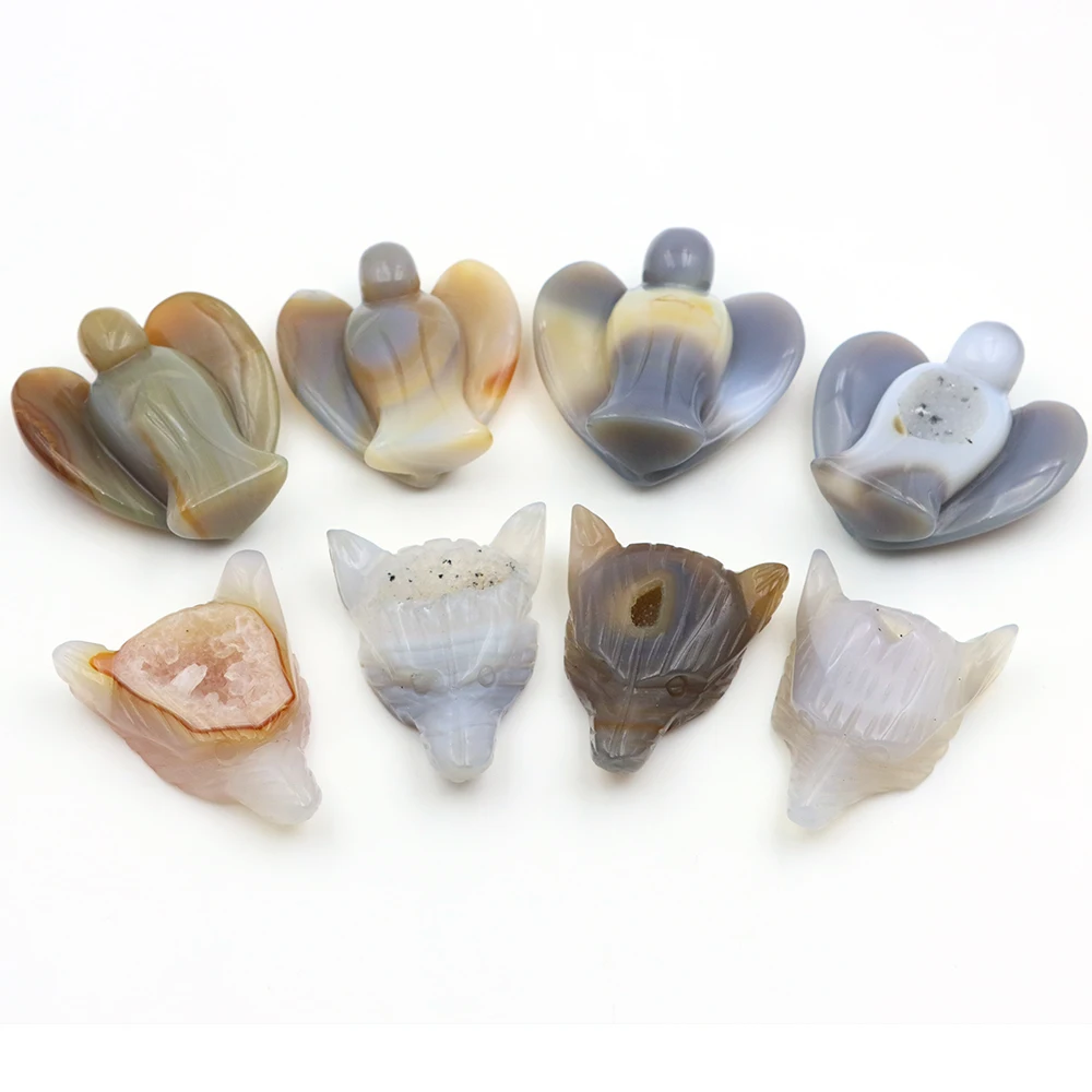 Natural Crystal Gray Agate Wolf Head Statue Mini Geode Quartz Carving Angel Figurine Crafts Ornament Home Decorations Lucky Gift
Natural Crystal Gray Agate Wolf Head Statue Mini Geode Quartz Carving Angel Figurine Crafts Ornament Home Decorations Lucky Gift