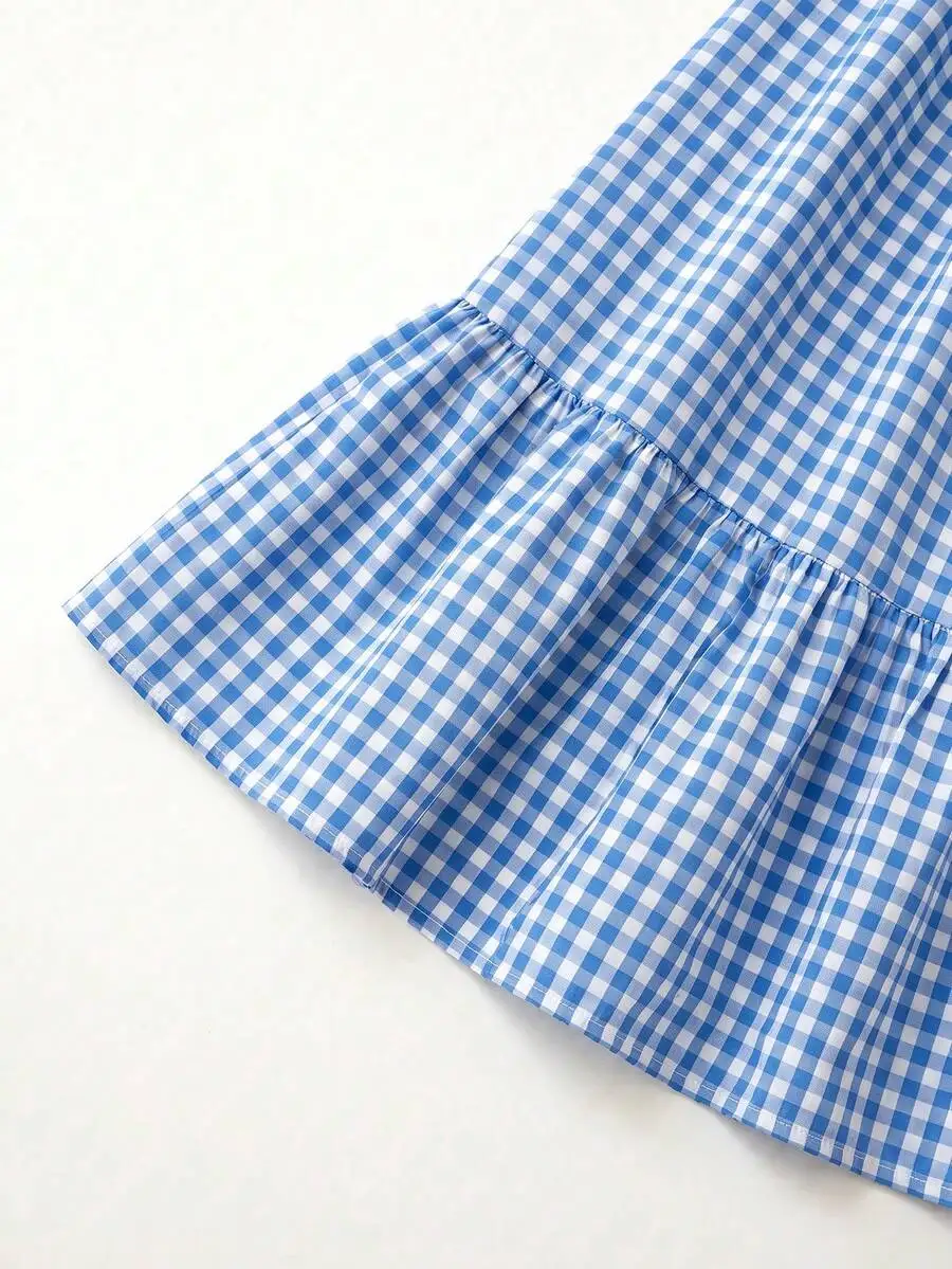 Womens Blue And White Checkered Pleated A-Line Dress With Ruffle Hem
Womens Blue And White Checkered Pleated A-Line Dress With Ruffle Hem