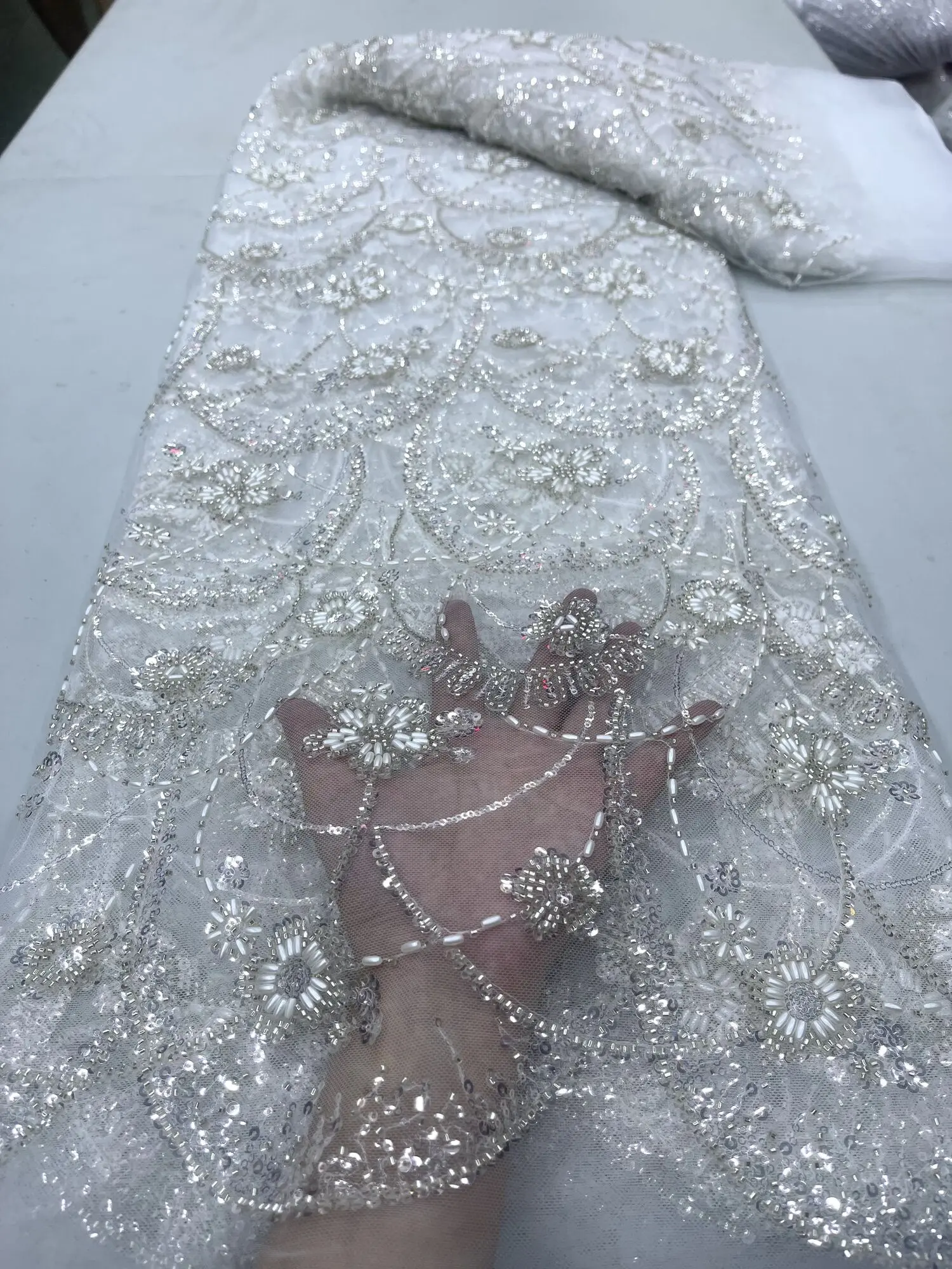 African French Sequined Lace Fabrics 2024 High Quality Beaded Lace Nigerian Groom Embroidered Dress Material For Party Sewing
African French Sequined Lace Fabrics 2024 High Quality Beaded Lace Nigerian Groom Embroidered Dress Material For Party Sewing