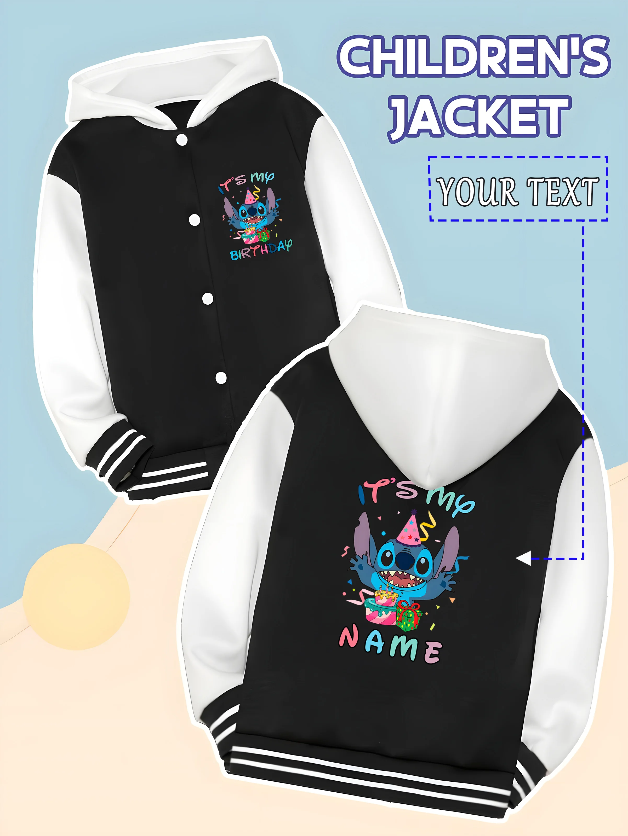 MINISO Disney Birthday Stitch Boys Baseball Jacket - Featuring a playful Stitch birthday scene, give your child a special "NAME" 
MINISO Disney Birthday Stitch Boys Baseball Jacket - Featuring a playful Stitch birthday scene, give your child a special "NAME"