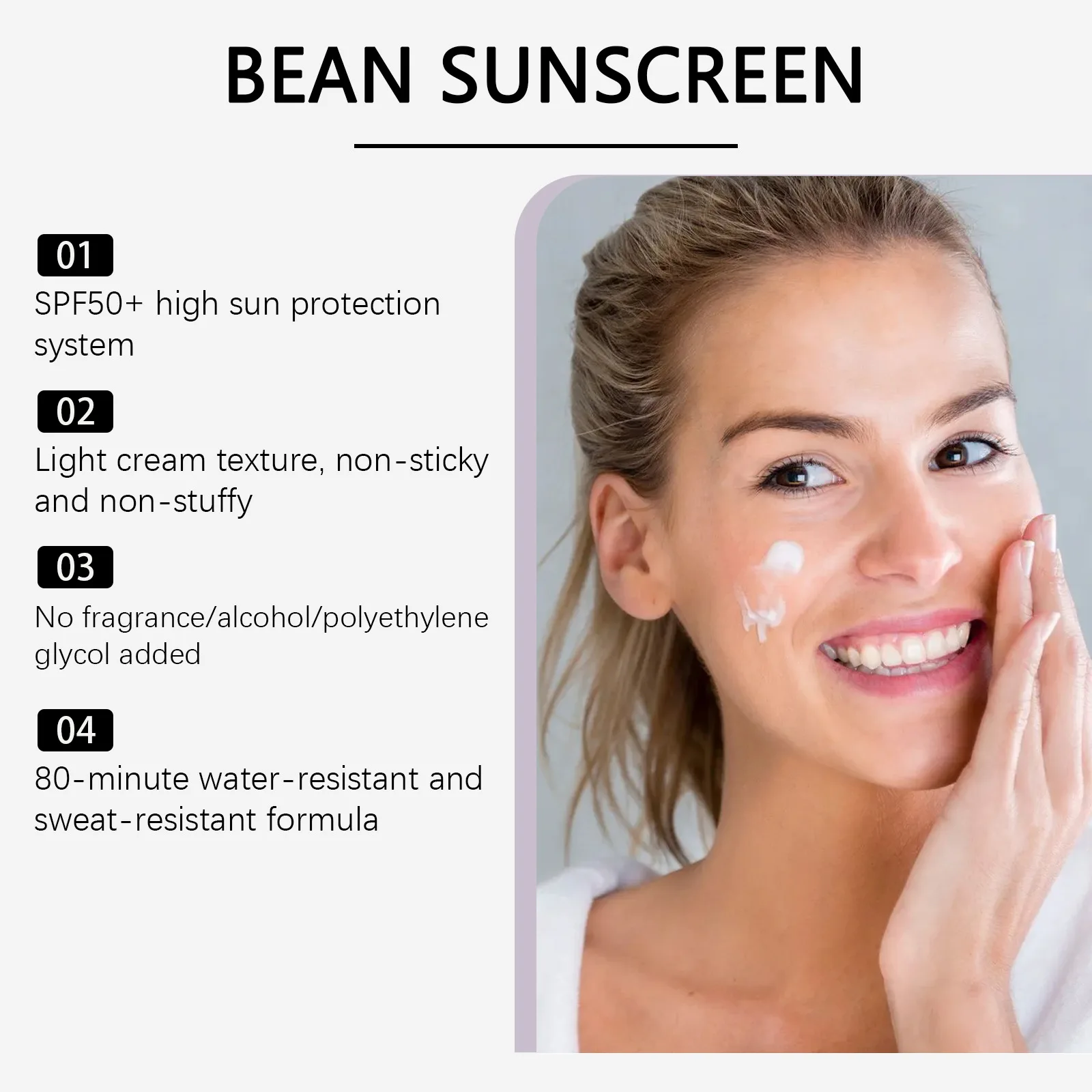 SPF50 Bean Sunscreen Soybean Protein Care Nourish Whiten Cool Sunblock UVA/UVB Anti Oxidate Prevent Sunburn Brighten Sunscreen
SPF50 Bean Sunscreen Soybean Protein Care Nourish Whiten Cool Sunblock UVA/UVB Anti Oxidate Prevent Sunburn Brighten Sunscreen