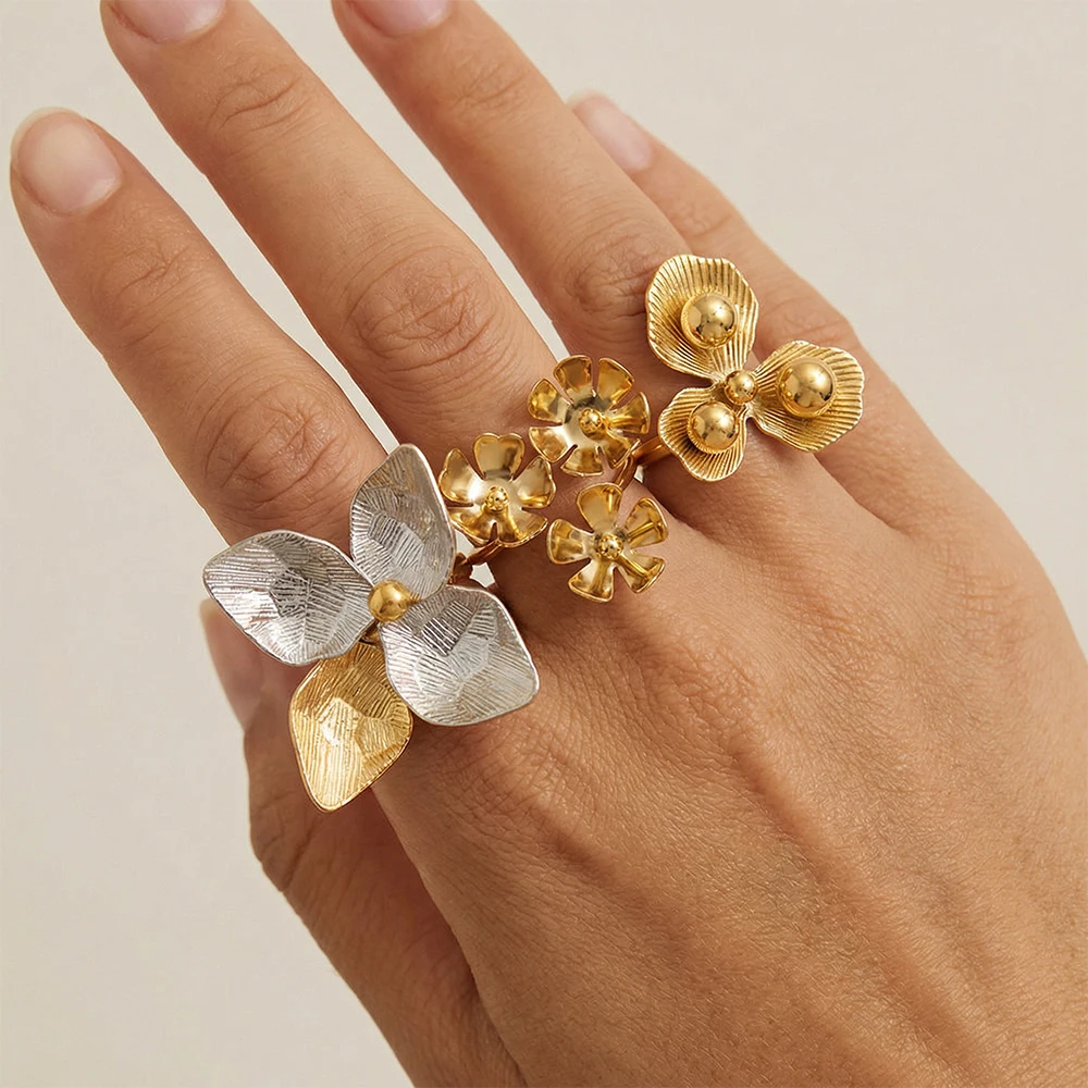Stainless Steel Metal Flower Adjustable Open Ring for Women 18K Gold Sliver Plated Waterproof Summer Jewelry Anti Allergic Gift
Stainless Steel Metal Flower Adjustable Open Ring for Women 18K Gold Sliver Plated Waterproof Summer Jewelry Anti Allergic Gift
