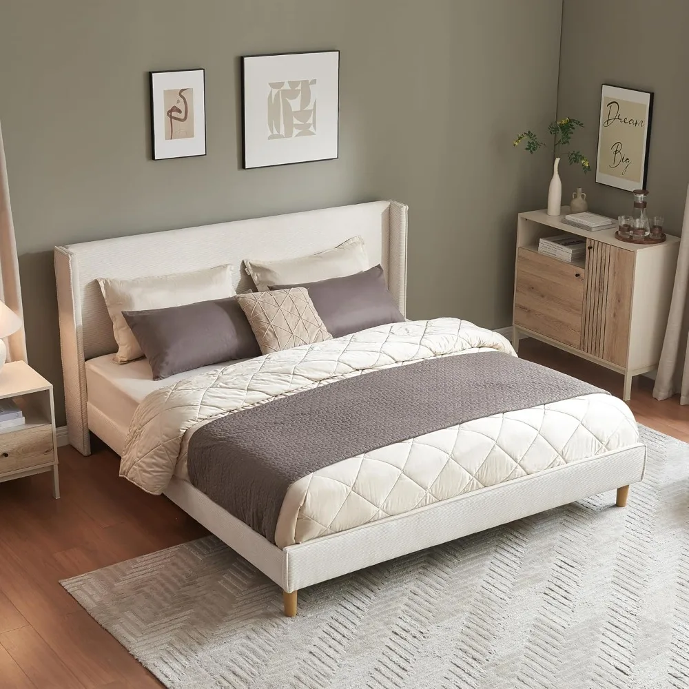 King Size Upholstered Platform Bed Frame with Modern Wingback Headboard, Corduroy Bed Frame with Underneath Storage
King Size Upholstered Platform Bed Frame with Modern Wingback Headboard, Corduroy Bed Frame with Underneath Storage