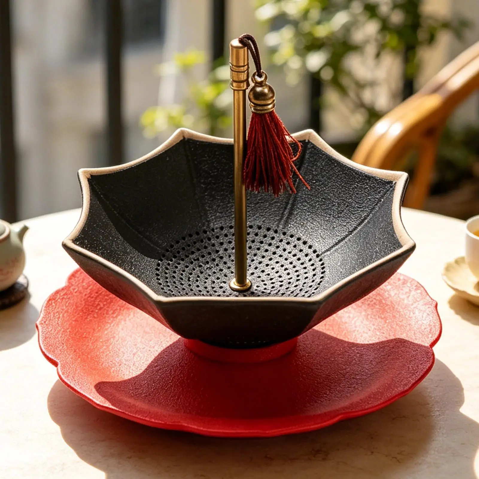 Ceramic Tea Strainer Chinese Style Rotating Fine Pore with Saucer Umbrella-Shaped Loose Leaf Filter for Kung Fu Coffee Brewing
Ceramic Tea Strainer Chinese Style Rotating Fine Pore with Saucer Umbrella-Shaped Loose Leaf Filter for Kung Fu Coffee Brewing