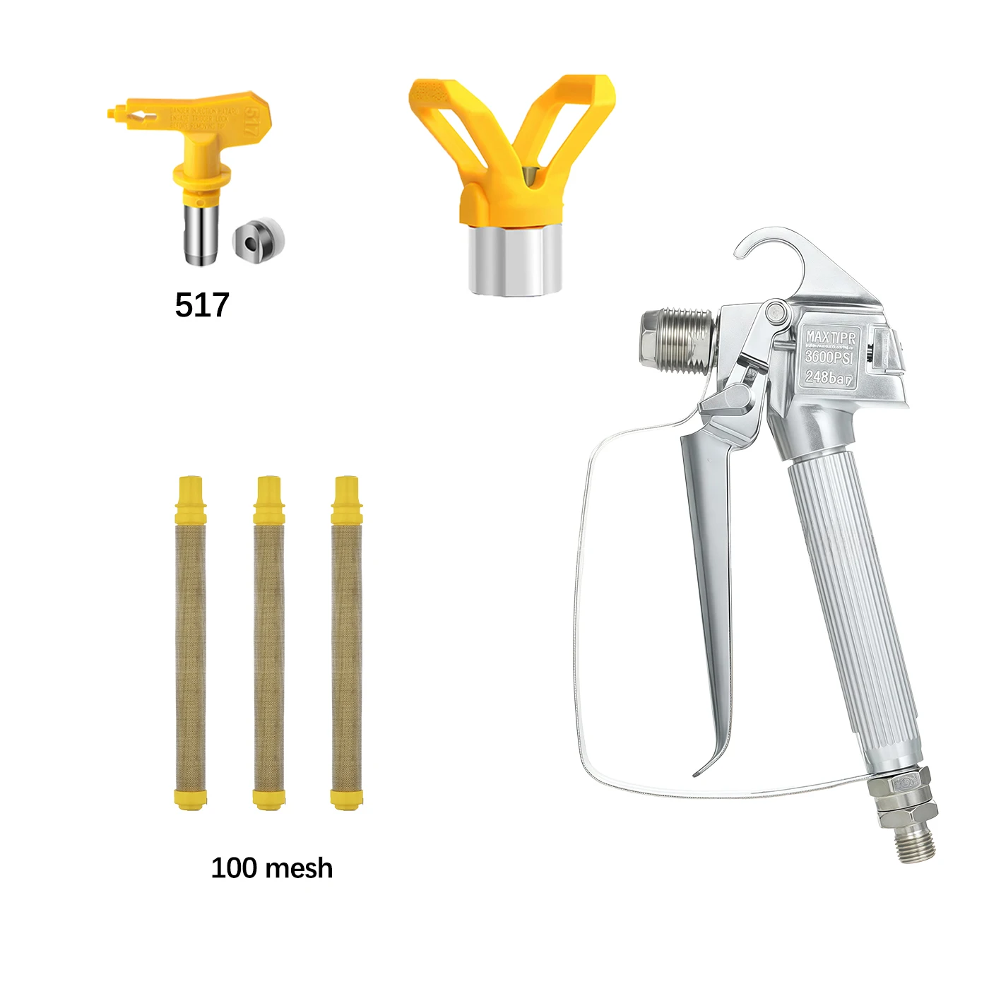 Professional Airless Paint Sprayer Gun Kit 6Pcs with 517 Nozzle, 1 Nozzle Guard & 100 Mesh Filters
Professional Airless Paint Sprayer Gun Kit 6Pcs with 517 Nozzle, 1 Nozzle Guard & 100 Mesh Filters