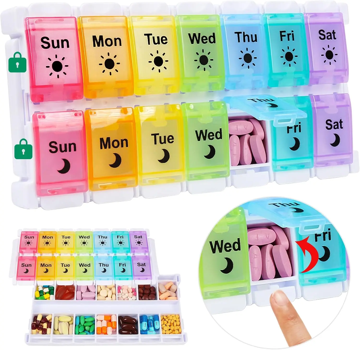 Weekly Pill Organizer 7 Day, Push Button 2 Times a Day, Easy Fill Pill Holder Day Night for Medications Vitamins, Rainbow
Weekly Pill Organizer 7 Day, Push Button 2 Times a Day, Easy Fill Pill Holder Day Night for Medications Vitamins, Rainbow