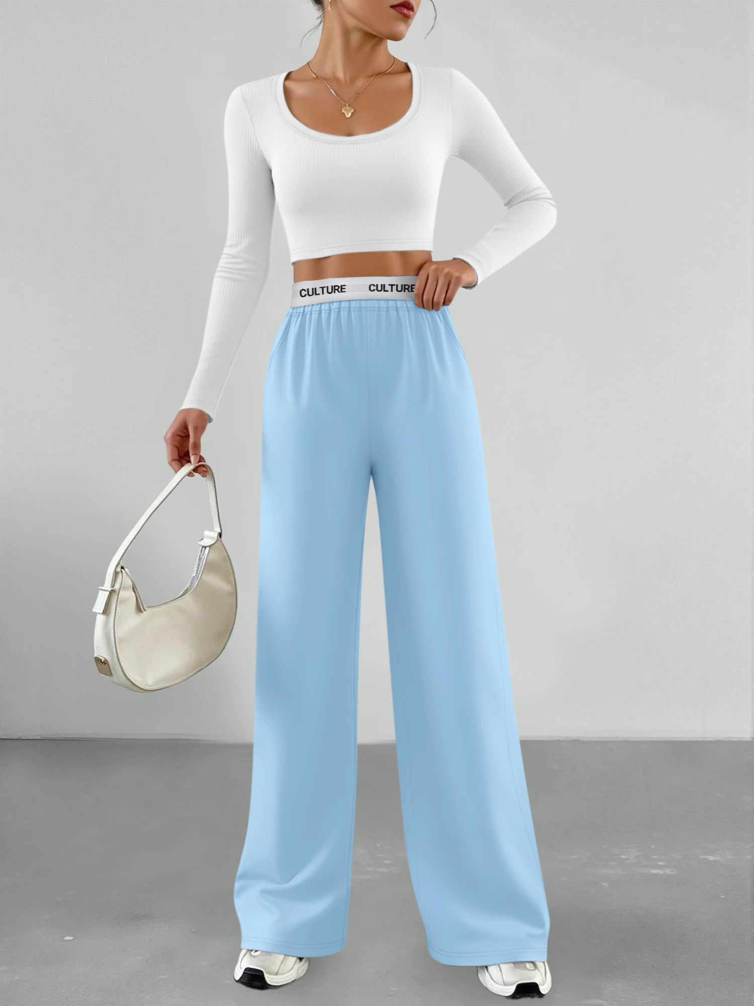 Loose Fit Loungewear Set Ribbed U-Neck Crop Top + Elastic Waist Wide Leg Pants Casual Homewear
Loose Fit Loungewear Set Ribbed U-Neck Crop Top + Elastic Waist Wide Leg Pants Casual Homewear
