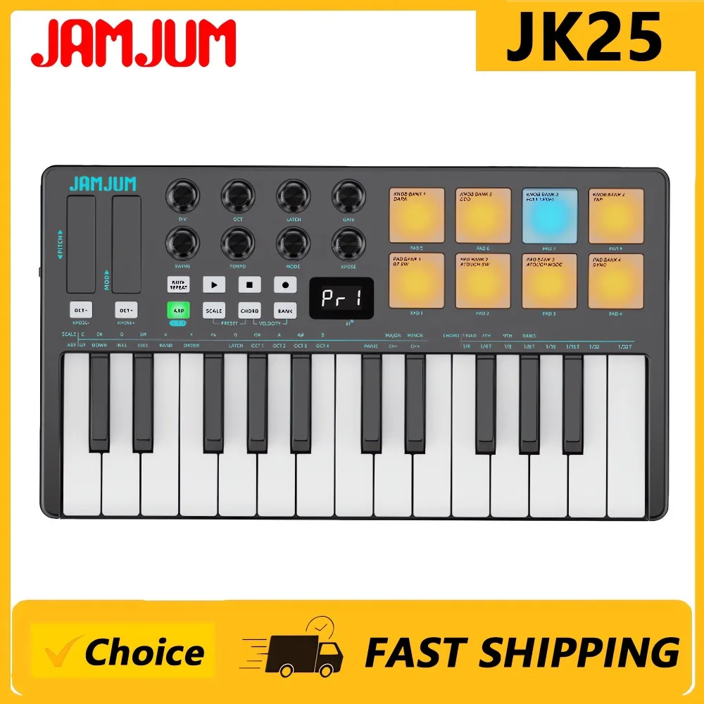 The JAMJUM JK25 Bluetooth Wireless MIDI Controller Features 25 Velocity-sensitive Keys .Supports Bluetooth Connection
The JAMJUM JK25 Bluetooth Wireless MIDI Controller Features 25 Velocity-sensitive Keys .Supports Bluetooth Connection