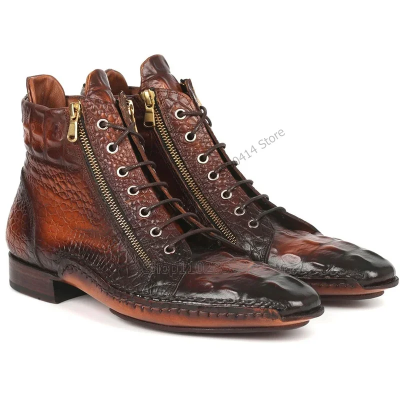 Brown Zipper Decor Alligator Print Strappy Ankle Boots Fashion Side Zipper Men Shoes Luxury Handmade Party Feast Men Dress Shoes
Brown Zipper Decor Alligator Print Strappy Ankle Boots Fashion Side Zipper Men Shoes Luxury Handmade Party Feast Men Dress Shoes