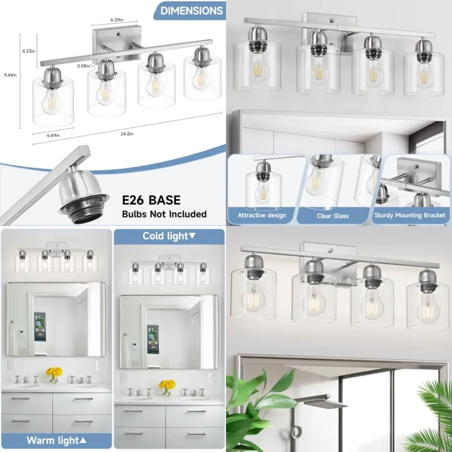 Modern Brushed 4 Light Bathroom Light Fixtures, 24 inch Vanity Lights for Bathroom with Clear Glass, Vanity Lights for Mirror K
Modern Brushed 4 Light Bathroom Light Fixtures, 24 inch Vanity Lights for Bathroom with Clear Glass, Vanity Lights for Mirror K
