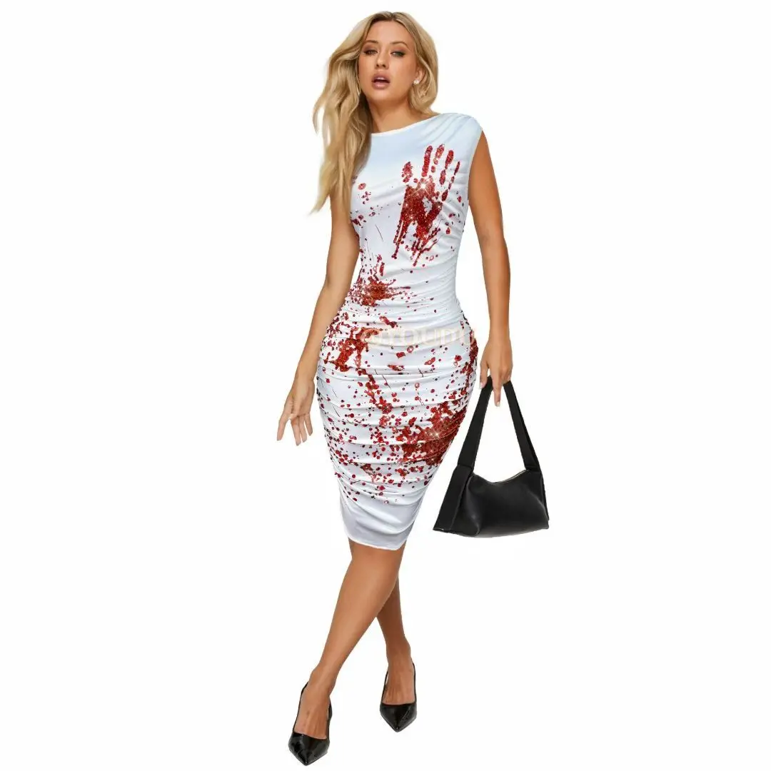 Xueshouyin Elegant White Fabric Blood Splatter Print Bodycon Midi Dress Sleeveless Boat Neck Ruched Waist Horror Gala Outfit
Xueshouyin Elegant White Fabric Blood Splatter Print Bodycon Midi Dress Sleeveless Boat Neck Ruched Waist Horror Gala Outfit