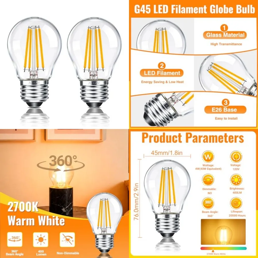 G45 LED Edison Filament Bulb 4W 40 Watt Equivalent,, E26 Base Clear Glass Small Globe Light Bulbs for Pendant Lights and Chande
G45 LED Edison Filament Bulb 4W 40 Watt Equivalent,, E26 Base Clear Glass Small Globe Light Bulbs for Pendant Lights and Chande