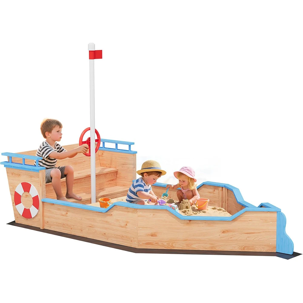 Pirate Ship Wooden Sandbox, Outdoor Sand Box with 2 Bench Seats, Bottom Liner, Kids Sandpit Boat w/Rudder, Realistic Flag, Buoy
Pirate Ship Wooden Sandbox, Outdoor Sand Box with 2 Bench Seats, Bottom Liner, Kids Sandpit Boat w/Rudder, Realistic Flag, Buoy