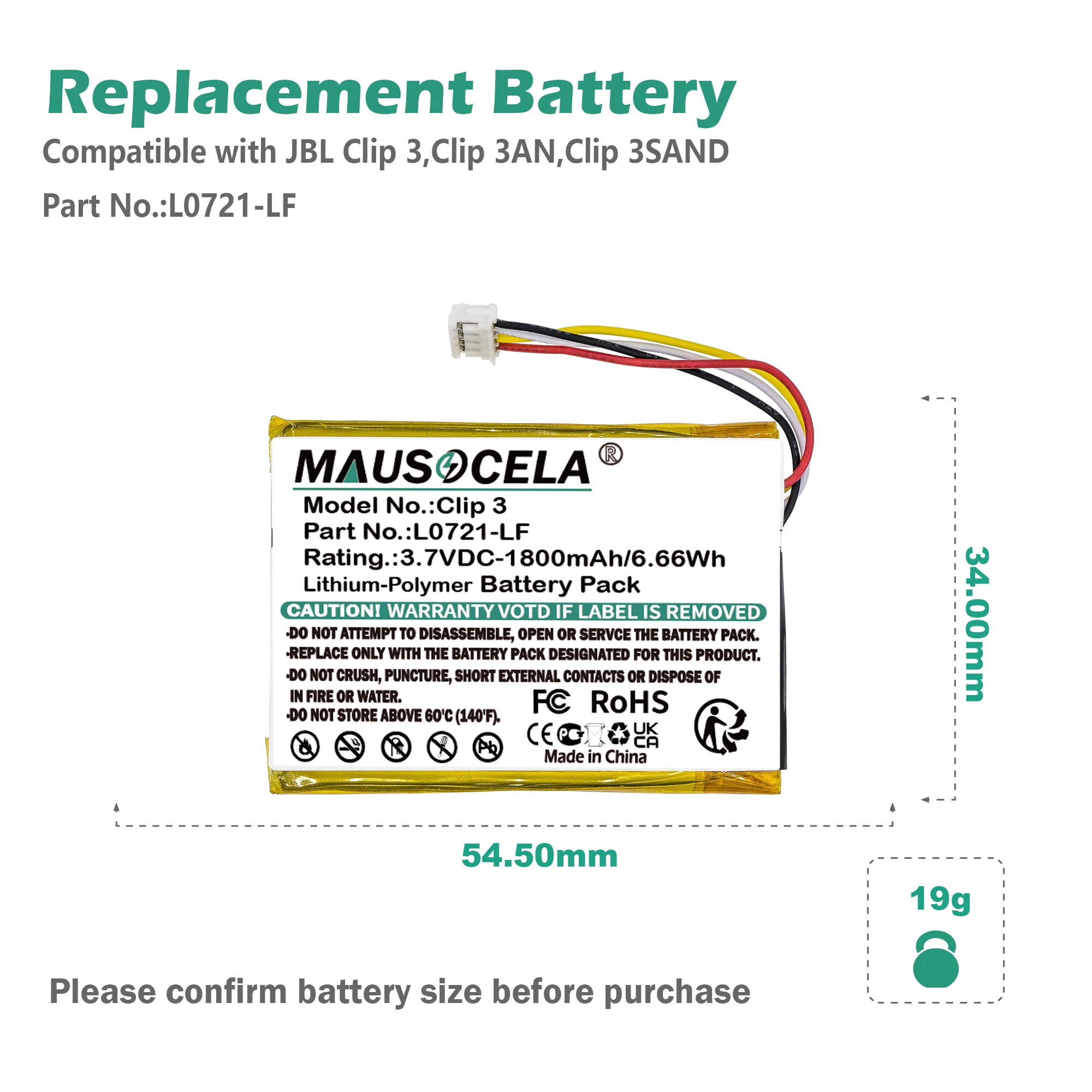 Speaker Replacement Battery For JBL:L0721-LF,Clip 3,Clip 3AN,Clip 3SAND,1800mAh / 6.66Wh,Li-Polymer,3.70V
Speaker Replacement Battery For JBL:L0721-LF,Clip 3,Clip 3AN,Clip 3SAND,1800mAh / 6.66Wh,Li-Polymer,3.70V