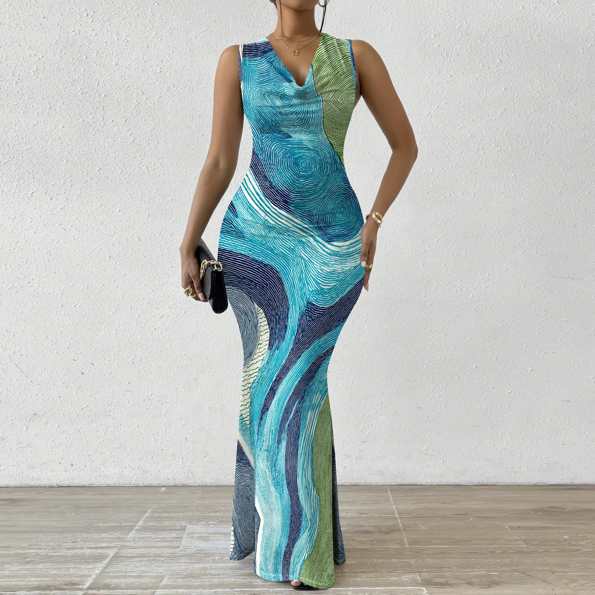 Blue Green Line Print Maxi Dress XS-2XL Sleeveless Cowl Neck Slim Style for Art Gallery, Summer Party or Fashion Brunch
Blue Green Line Print Maxi Dress XS-2XL Sleeveless Cowl Neck Slim Style for Art Gallery, Summer Party or Fashion Brunch
