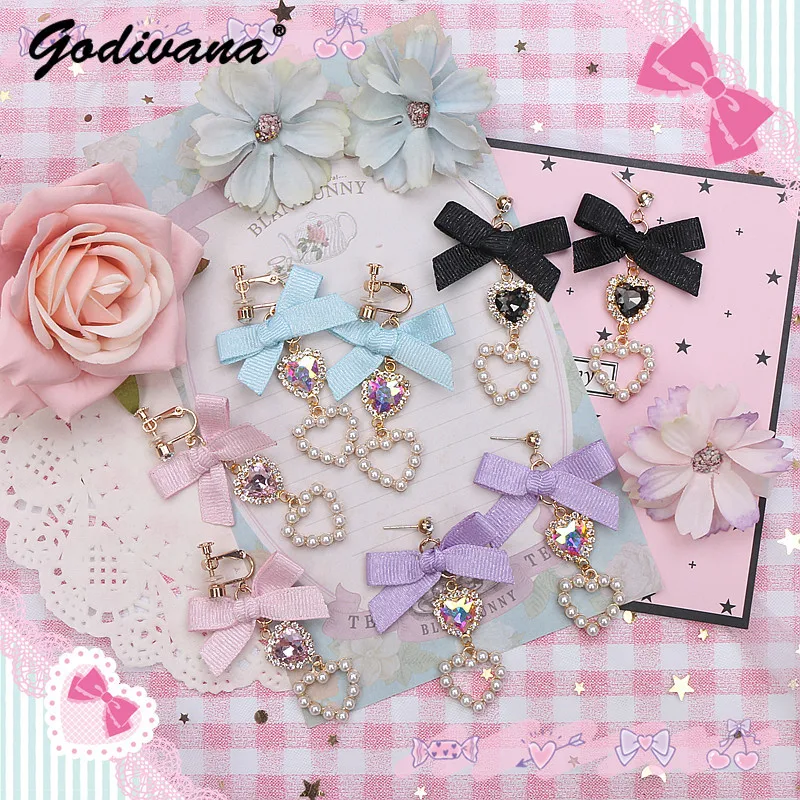 Handmade Japanese Style Sweet Soft Girl Sparkle Silver Bow Love Heart Earrings S925 Jewelry Girl Women's Rhinestone Ear Clip
Handmade Japanese Style Sweet Soft Girl Sparkle Silver Bow Love Heart Earrings S925 Jewelry Girl Women's Rhinestone Ear Clip