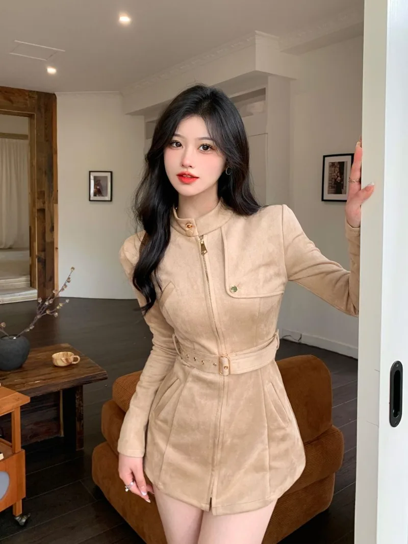 Temperament Stand Collar Jacket Dress Women Korean Fashion Belt Solid Slim Cool Motorcycle Spring Thicken Female Chic Dressing
Temperament Stand Collar Jacket Dress Women Korean Fashion Belt Solid Slim Cool Motorcycle Spring Thicken Female Chic Dressing