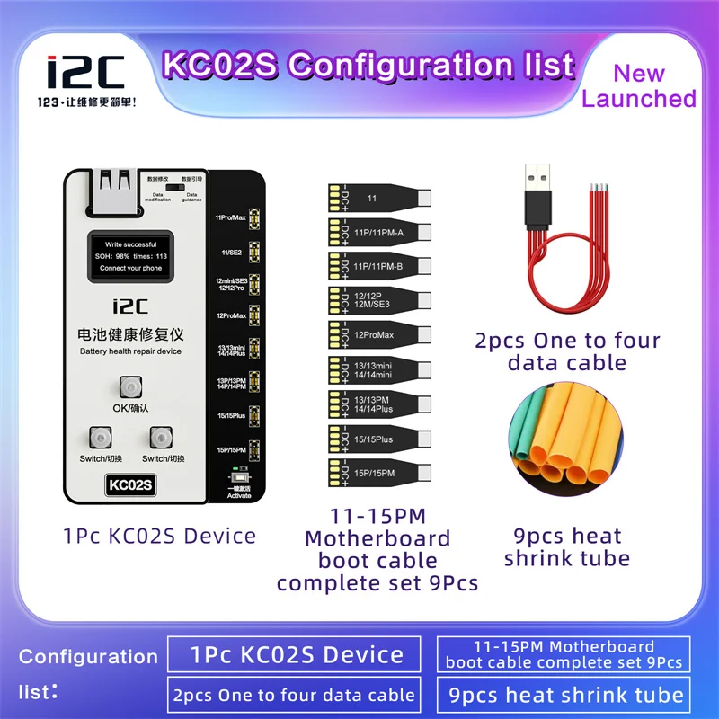 i2C KC02S Battery Health Repair Device for IP 11-15ProMax No Need Cable Automatic Cellphone Battery Charging Times Modify Tool
i2C KC02S Battery Health Repair Device for IP 11-15ProMax No Need Cable Automatic Cellphone Battery Charging Times Modify Tool
