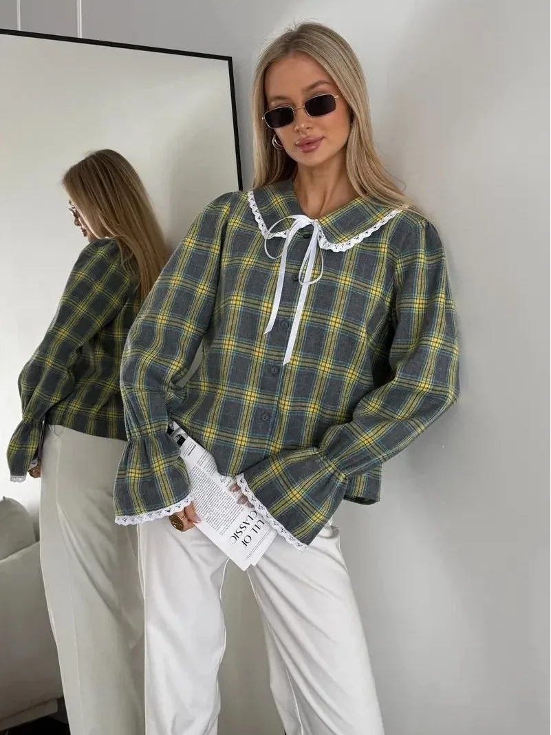 Sweet Plaid Tie Doll Collar Long Sleeve Shirt Women's Gingham Print Breathable Loose Fit Cotton Blend Spring Fashion Top
Sweet Plaid Tie Doll Collar Long Sleeve Shirt Women's Gingham Print Breathable Loose Fit Cotton Blend Spring Fashion Top
