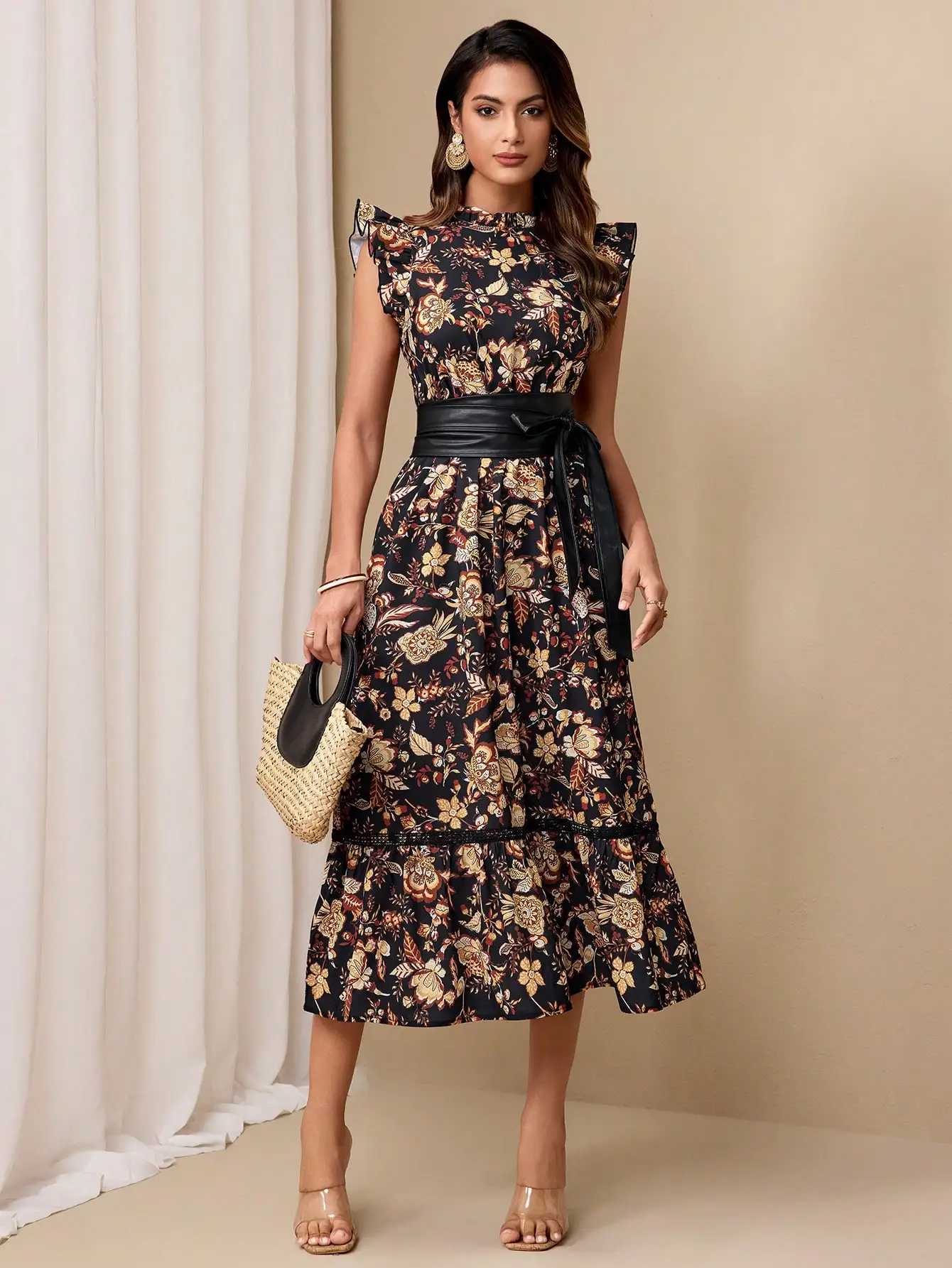 Women's Floral Print Ruffled Sleeve Midi Dress with Belted Waist
Women's Floral Print Ruffled Sleeve Midi Dress with Belted Waist