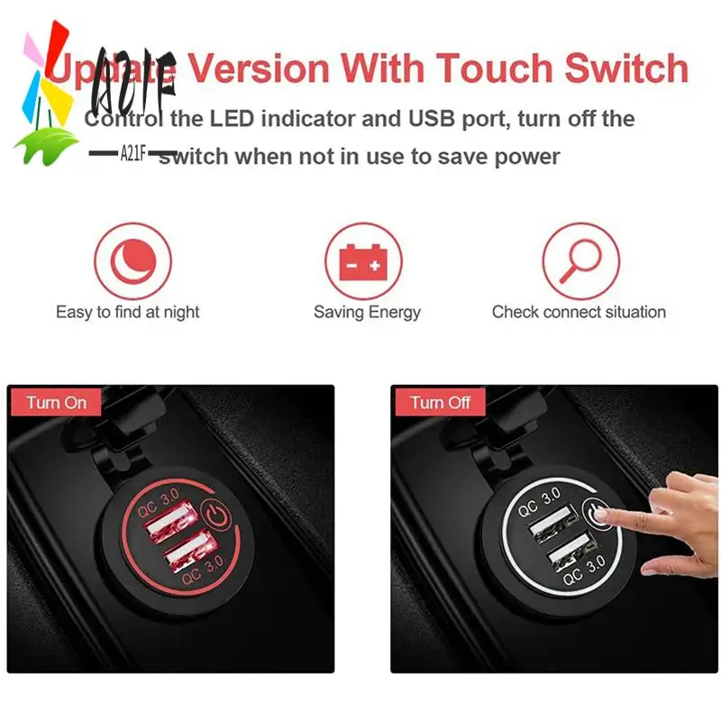 A21F-4X QC 3.0 Dual USB Charger Socket,Waterproof 12V/24V USB Outlet With Touch-Switch For Car, Marine,Boat,RV,Motorcycle,Red
A21F-4X QC 3.0 Dual USB Charger Socket,Waterproof 12V/24V USB Outlet With Touch-Switch For Car, Marine,Boat,RV,Motorcycle,Red