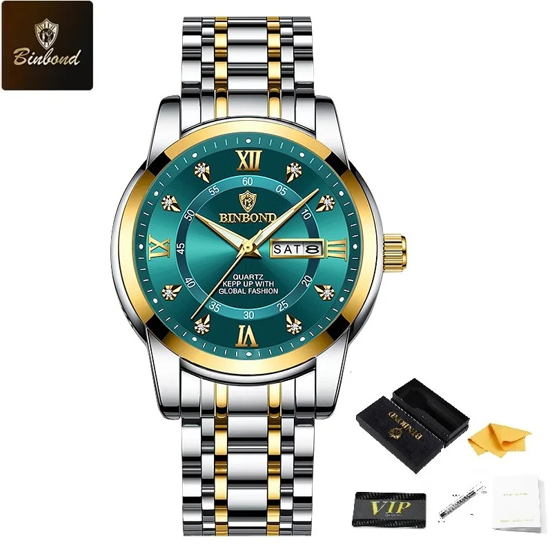 BINBOND Authentic Waterproof Night Light Business Diamond Inlaid Men's Watch Steel Strap Butterfly Buckle Display Date and Week
BINBOND Authentic Waterproof Night Light Business Diamond Inlaid Men's Watch Steel Strap Butterfly Buckle Display Date and Week
