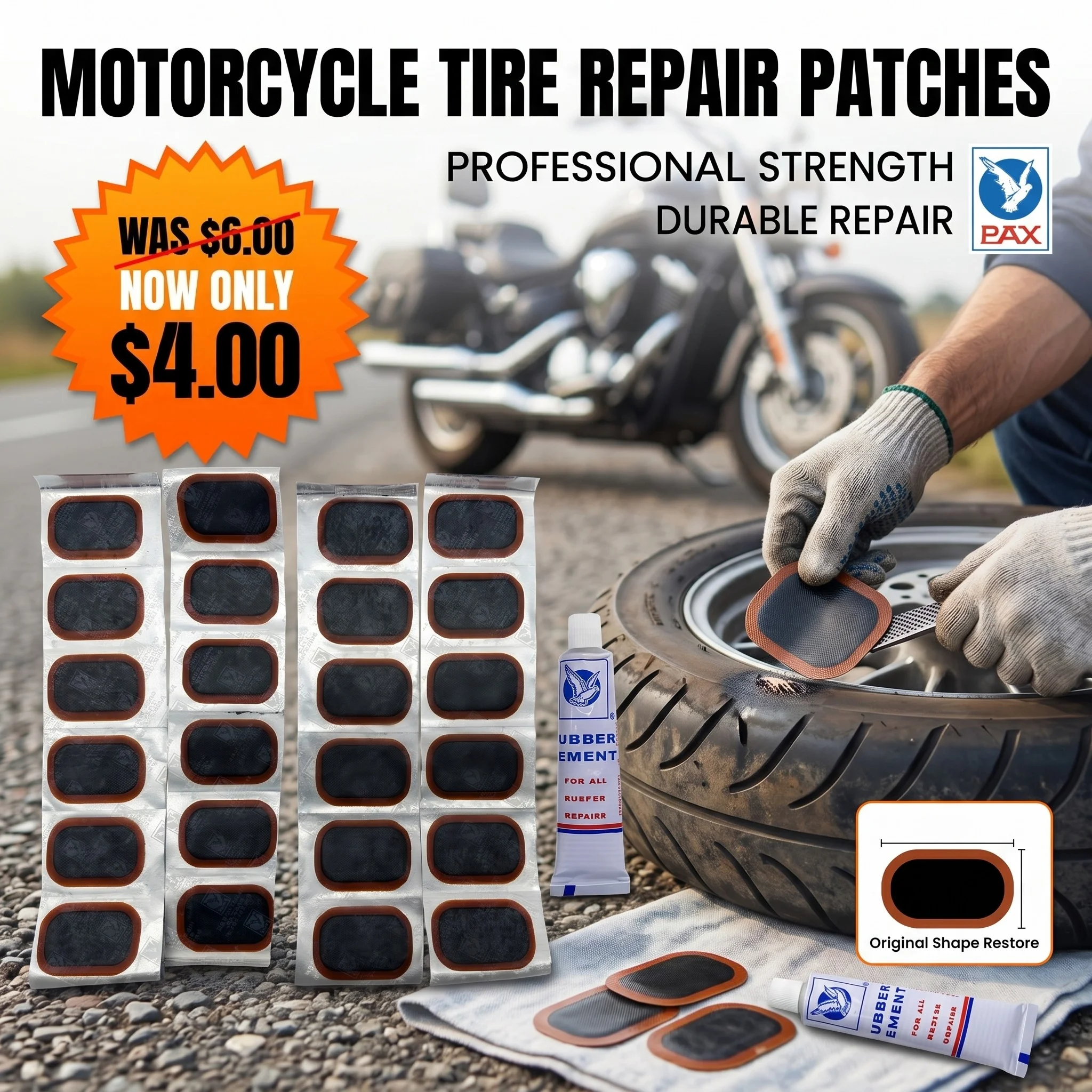 Motorcycle Tire Repair Patches Kit, Large Rubber Patch with Glue, for Bicycle ATV Car Tubeless Tire, Emergency Puncture Repair T
Motorcycle Tire Repair Patches Kit, Large Rubber Patch with Glue, for Bicycle ATV Car Tubeless Tire, Emergency Puncture Repair T