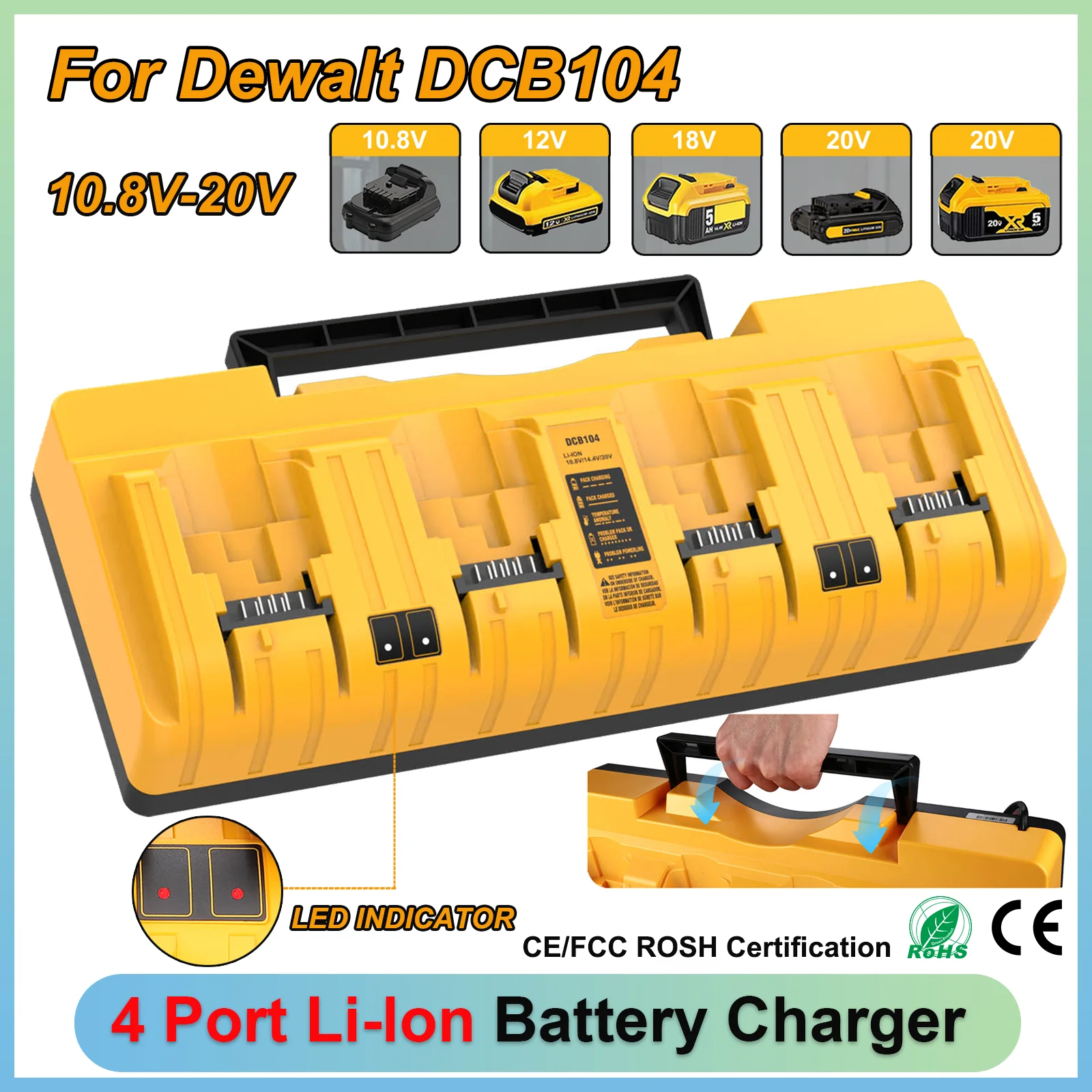 4 Port Li-Ion Battery Charger For Dewalt 12V-20V Max Lithium Battery Charger with LED & Handle DCB104 DCB120 DCB127 DCB112
4 Port Li-Ion Battery Charger For Dewalt 12V-20V Max Lithium Battery Charger with LED & Handle DCB104 DCB120 DCB127 DCB112