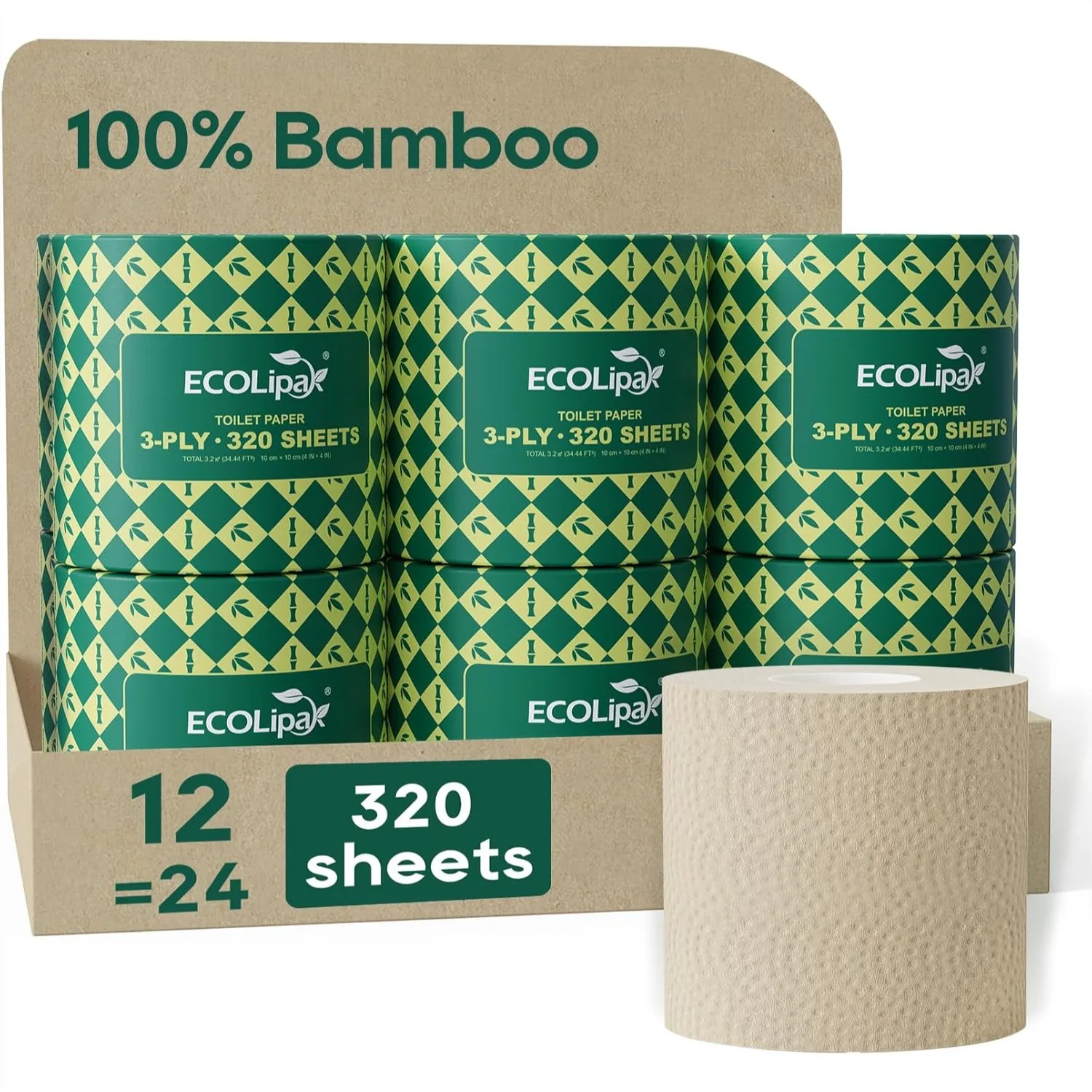 Bamboo Toilet Paper 3 Ply, Septic Safe Tissue, 12 Double Rolls, 320 Sheets Per Roll, Soft and Absorbent, Brown
Bamboo Toilet Paper 3 Ply, Septic Safe Tissue, 12 Double Rolls, 320 Sheets Per Roll, Soft and Absorbent, Brown