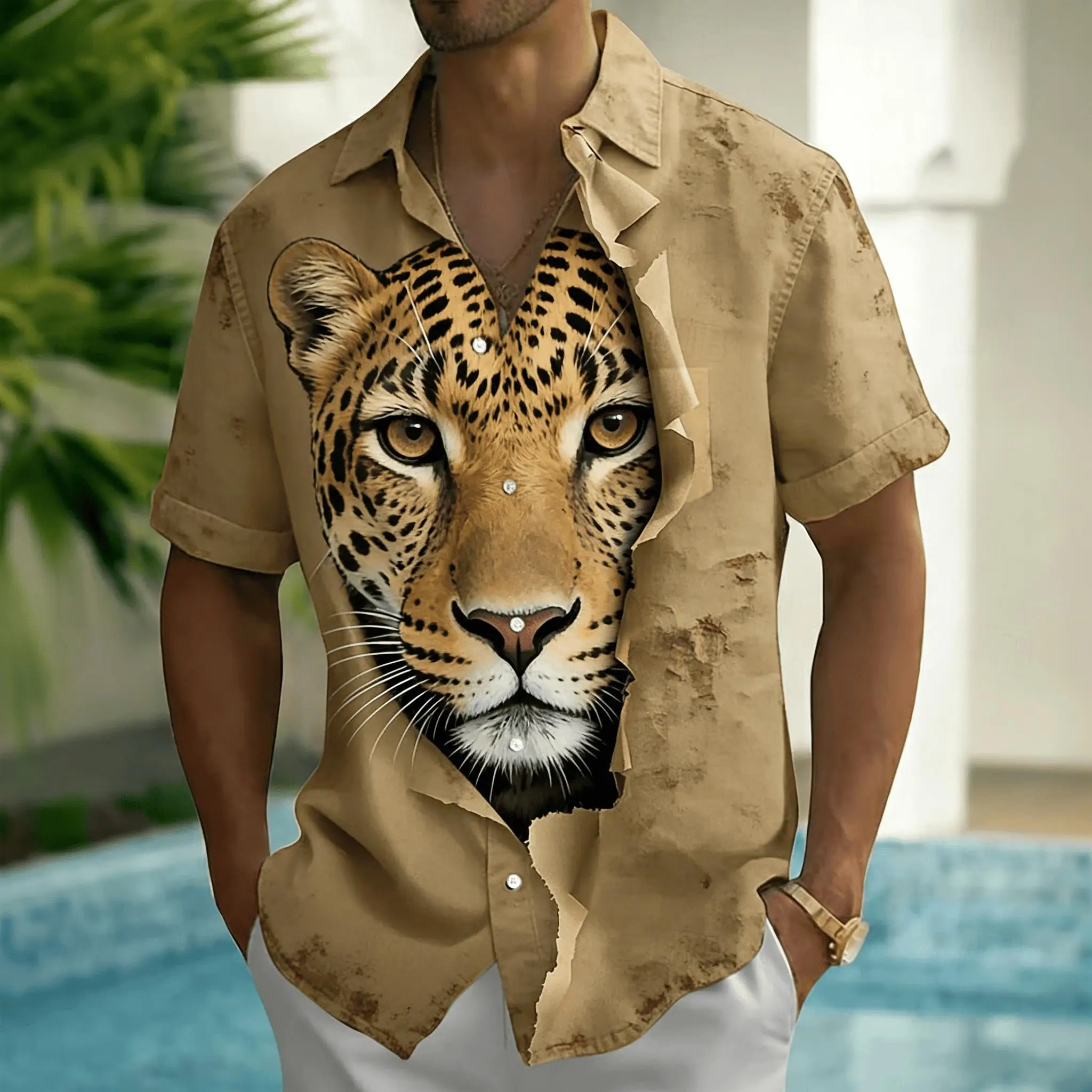 Men's 3D Leopard Head Print Short Sleeve Shirt, Faux Torn Paper Effect Animal Design Button Down for Spring Summer Casual
Men's 3D Leopard Head Print Short Sleeve Shirt, Faux Torn Paper Effect Animal Design Button Down for Spring Summer Casual
