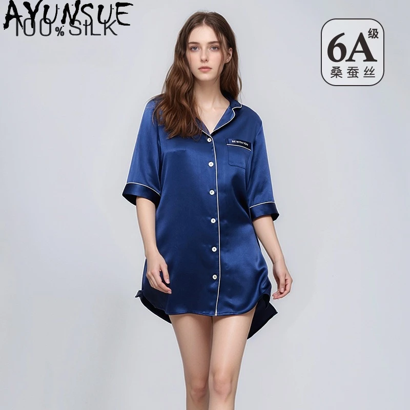 AYUNSUE 100% Mulberry Silk Shirt Dresses Sleepwear 16MM Real Silk Night Dress for Women Spring Summer Clothes Streetwear Пижама
AYUNSUE 100% Mulberry Silk Shirt Dresses Sleepwear 16MM Real Silk Night Dress for Women Spring Summer Clothes Streetwear Пижама