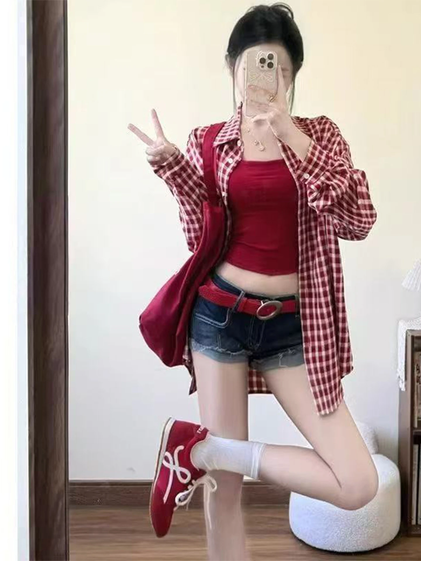 Red Plaid Shirt Denim Short Pants Strap Three-Piece Set Women's Spring Summer Fashion Outfit High Waist Shorts Button up Shirt
Red Plaid Shirt Denim Short Pants Strap Three-Piece Set Women's Spring Summer Fashion Outfit High Waist Shorts Button up Shirt